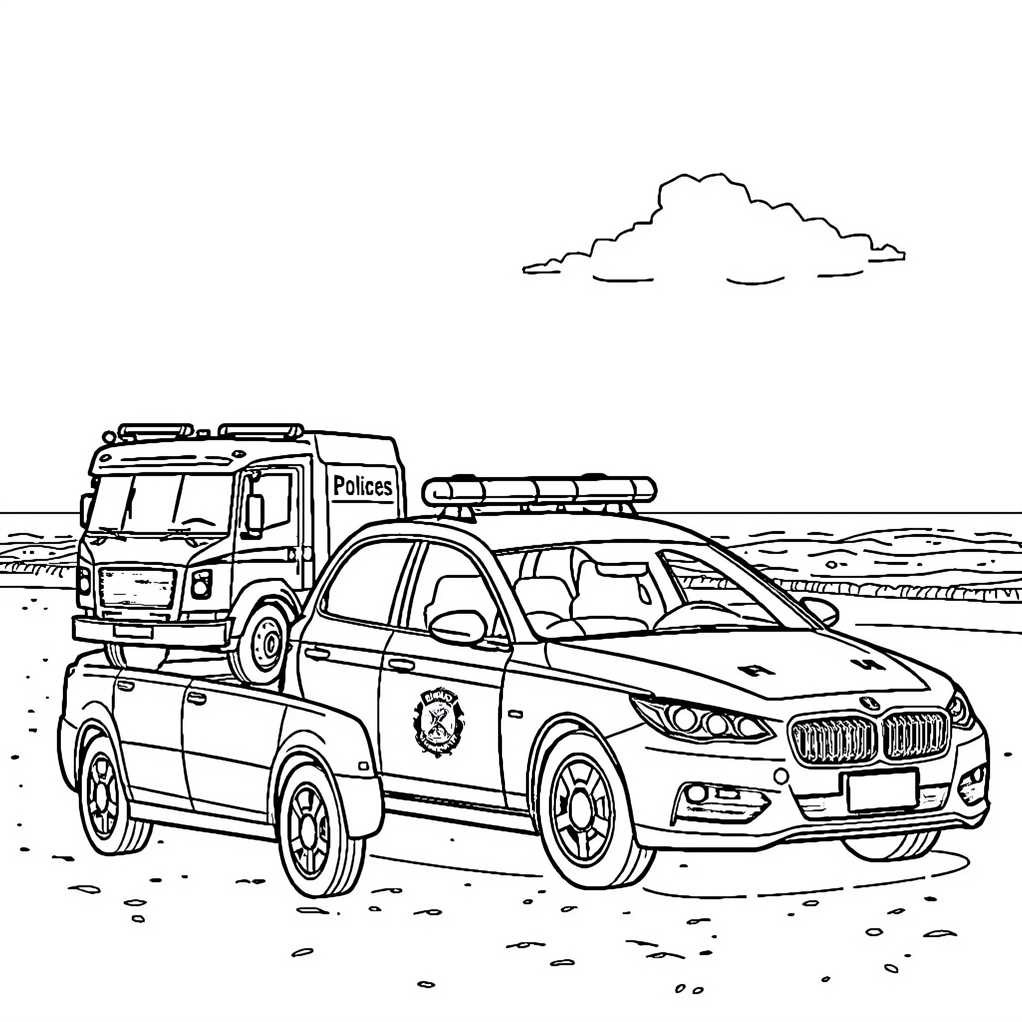 Police Car Patrol Vehicle on Desert Road Coloring Page (free black-and-white line drawing printable PDF for all, from beginners to advanced learners, including children, teens, adults, and seniors)