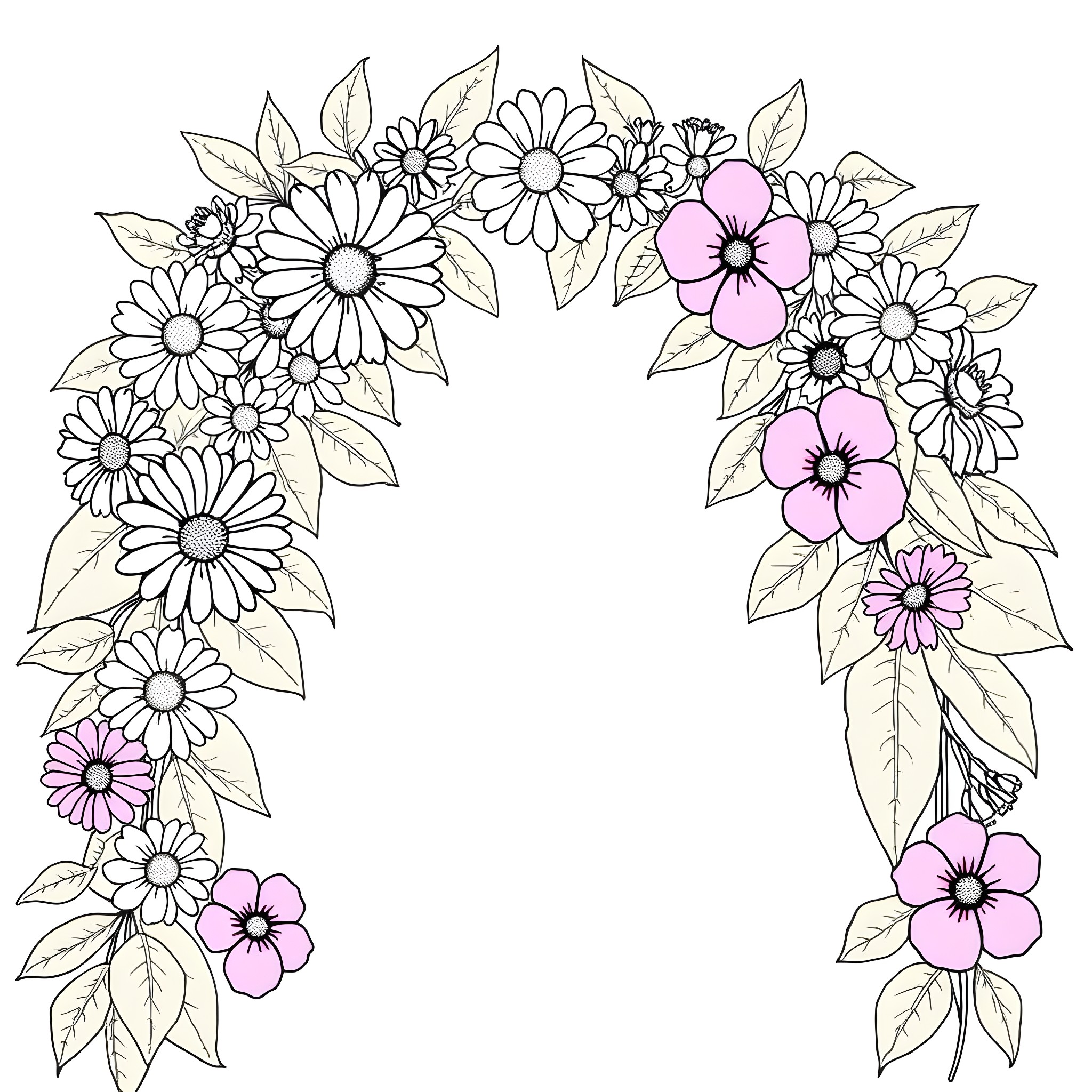 Floral wreath with delicate flowers and leaves Coloring Page (free black-and-white line drawing printable PDF for all, from beginners to advanced learners, including children, teens, adults, and seniors)