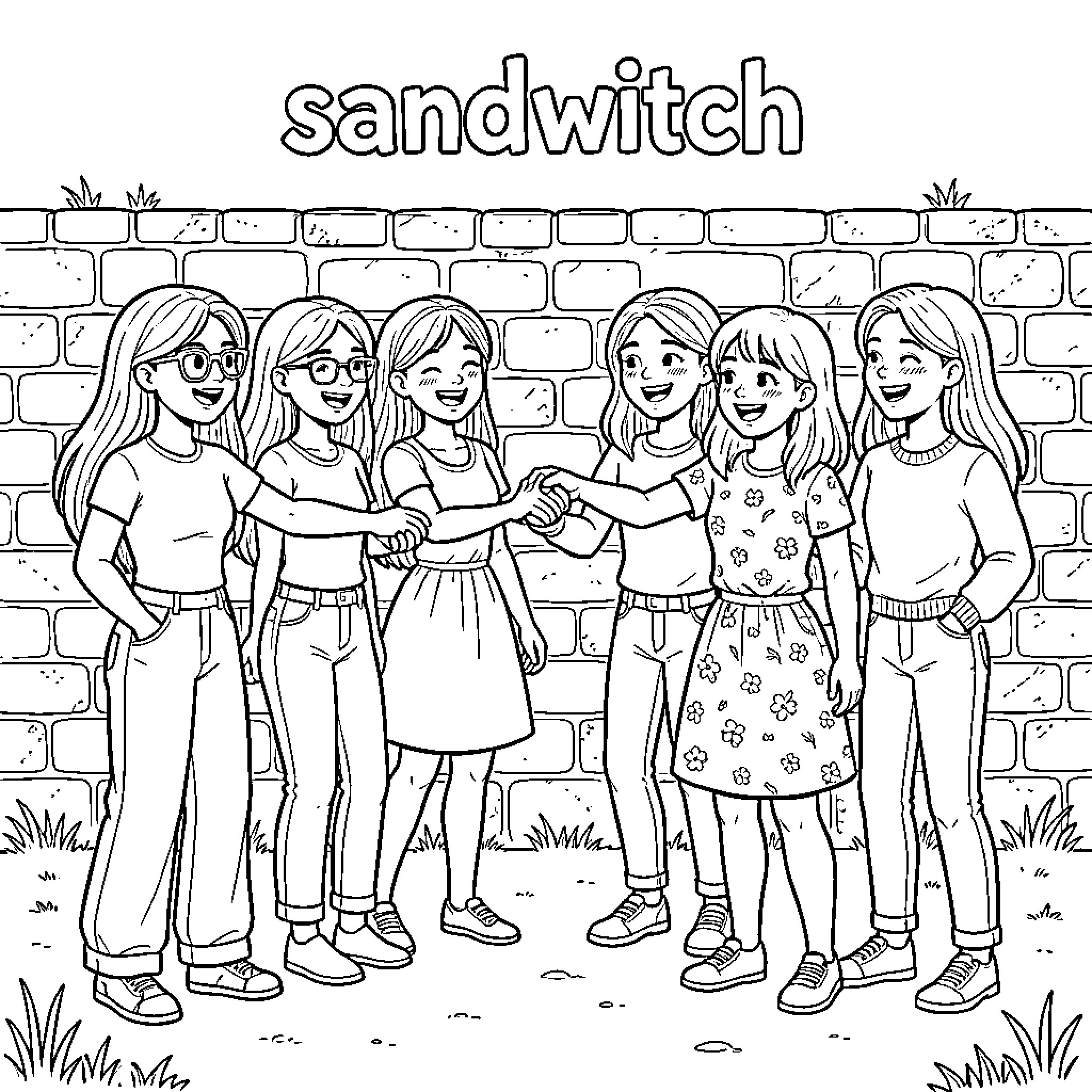 Filles playing and smiling together in the city Coloring Page (free black-and-white line drawing printable PDF for all, from beginners to advanced learners, including children, teens, adults, and seniors)