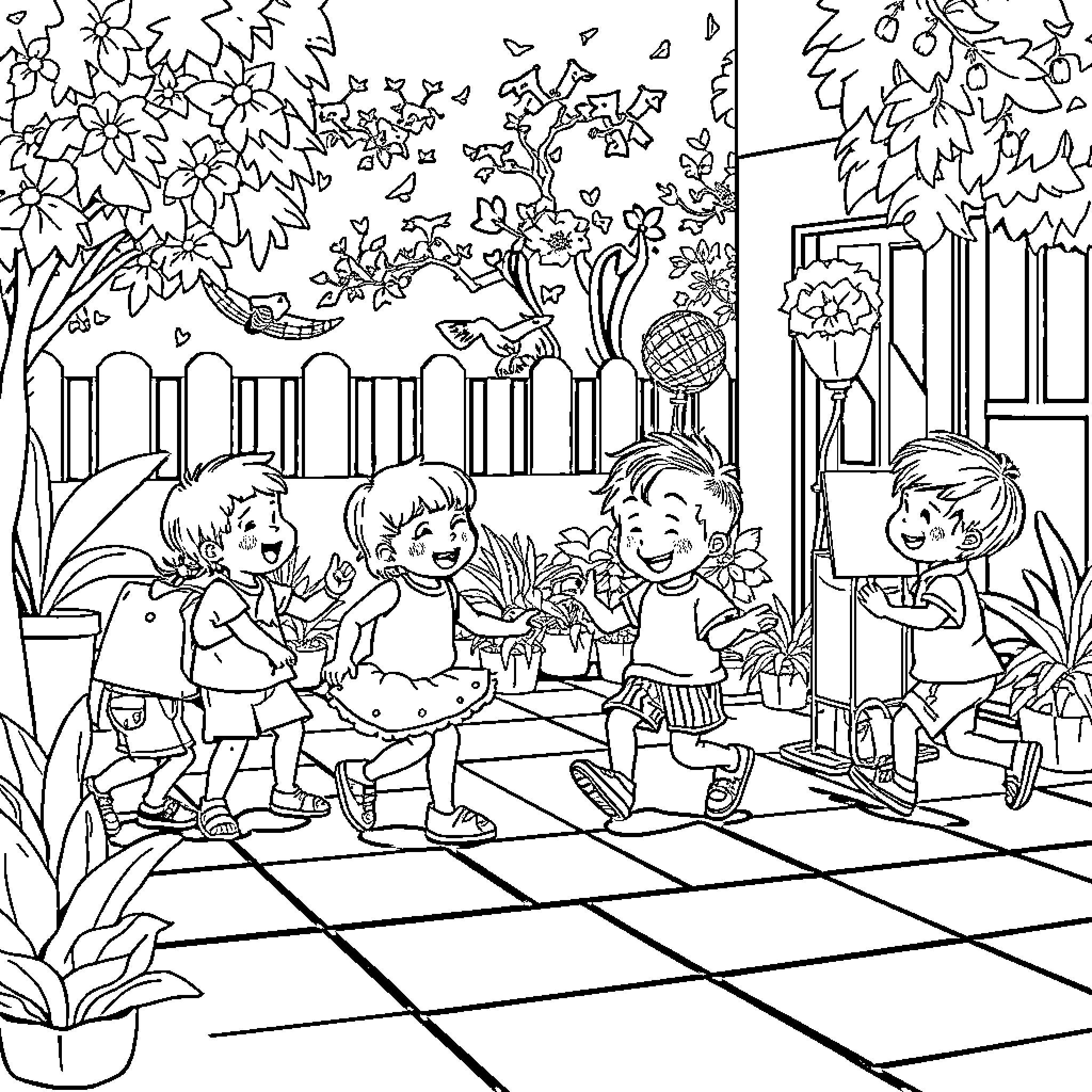 Niños jugando alegremente en el patio Coloring Page (free black-and-white line drawing printable PDF for all, from beginners to advanced learners, including children, teens, adults, and seniors)
