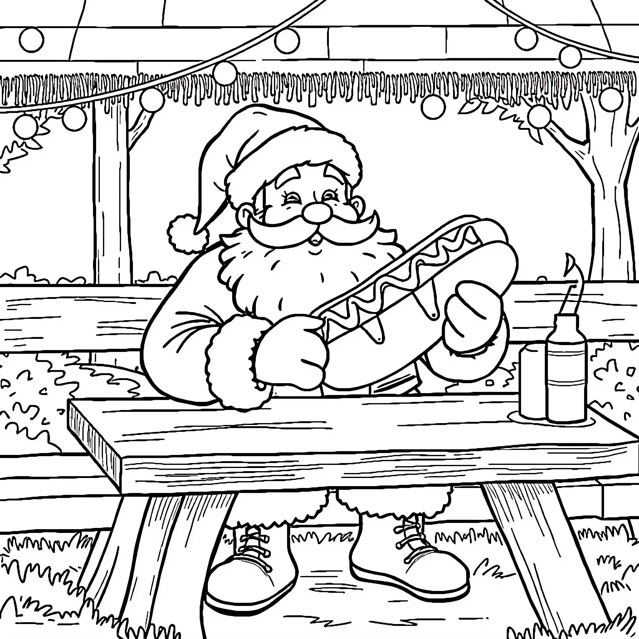 Santa enjoying a hot dog and drink by the lights Coloring Page (free black-and-white line drawing printable PDF for all, from beginners to advanced learners, including children, teens, adults, and seniors)