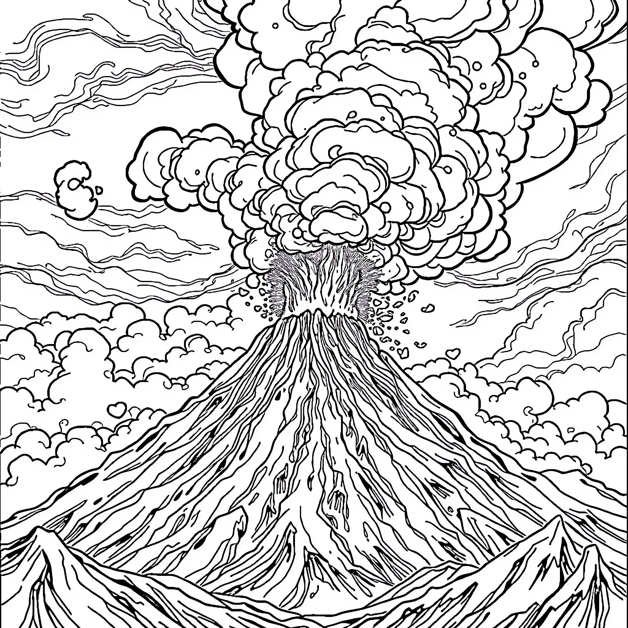 Volcano erupting with dramatic clouds Coloring Page (free black-and-white line drawing printable PDF for all, from beginners to advanced learners, including children, teens, adults, and seniors)