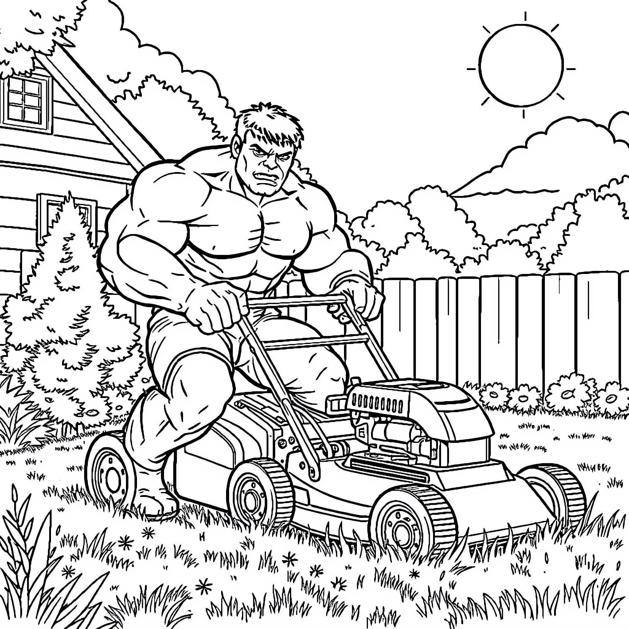 Hulk mowing the lawn with determination Coloring Page (free black-and-white line drawing printable PDF for all, from beginners to advanced learners, including children, teens, adults, and seniors)