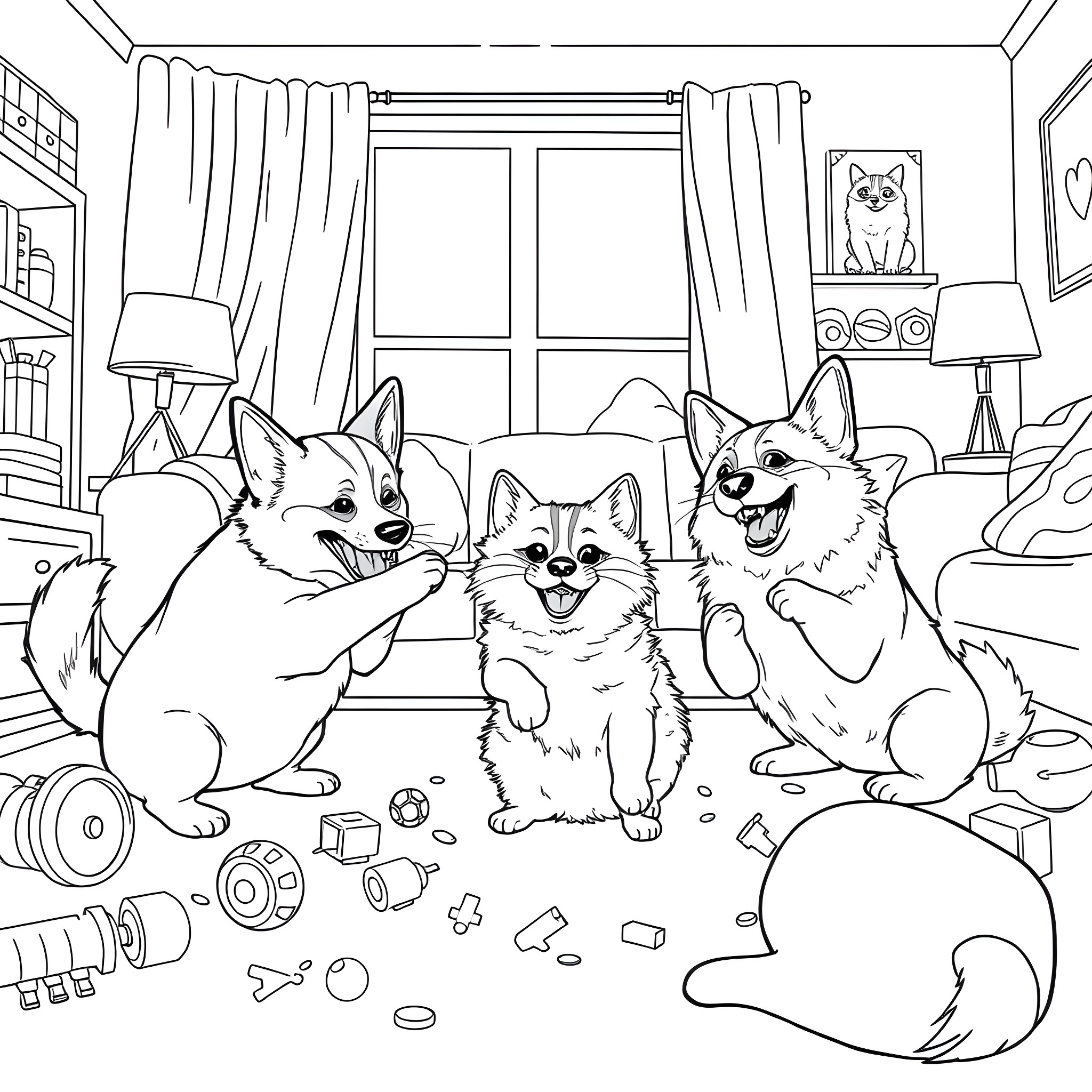 Corgi dogs playing happily in a cozy home Coloring Page (free black-and-white line drawing printable PDF for all, from beginners to advanced learners, including children, teens, adults, and seniors)