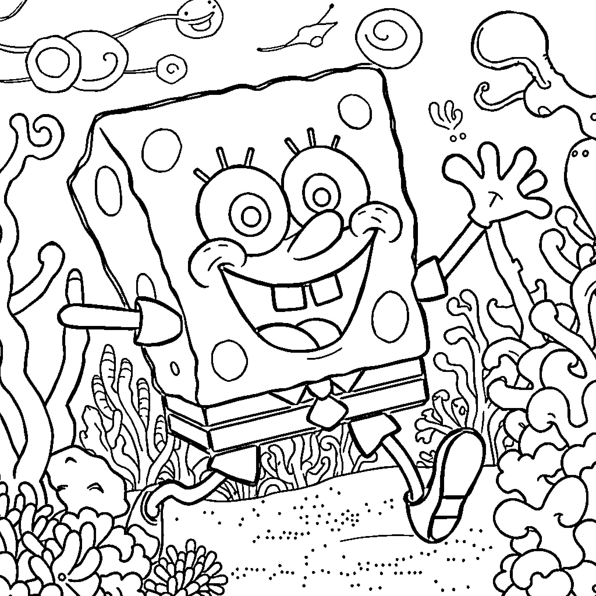 Spongebob's Cheerful Underwater Adventure Coloring Page (free black-and-white line drawing printable PDF for all, from beginners to advanced learners, including children, teens, adults, and seniors)