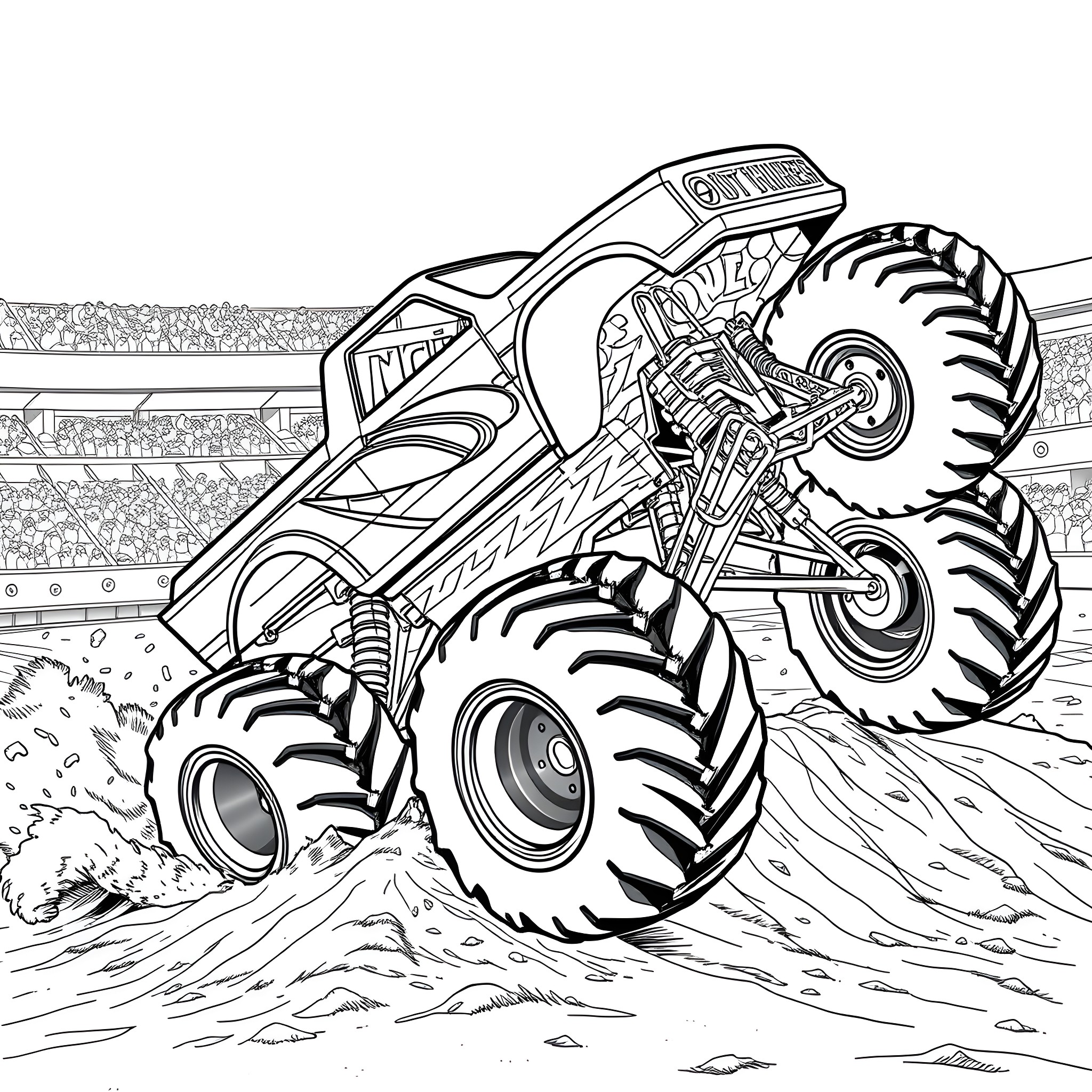 Monster Truck Racing in Stadium Coloring Page (free black-and-white line drawing printable PDF for all, from beginners to advanced learners, including children, teens, adults, and seniors)