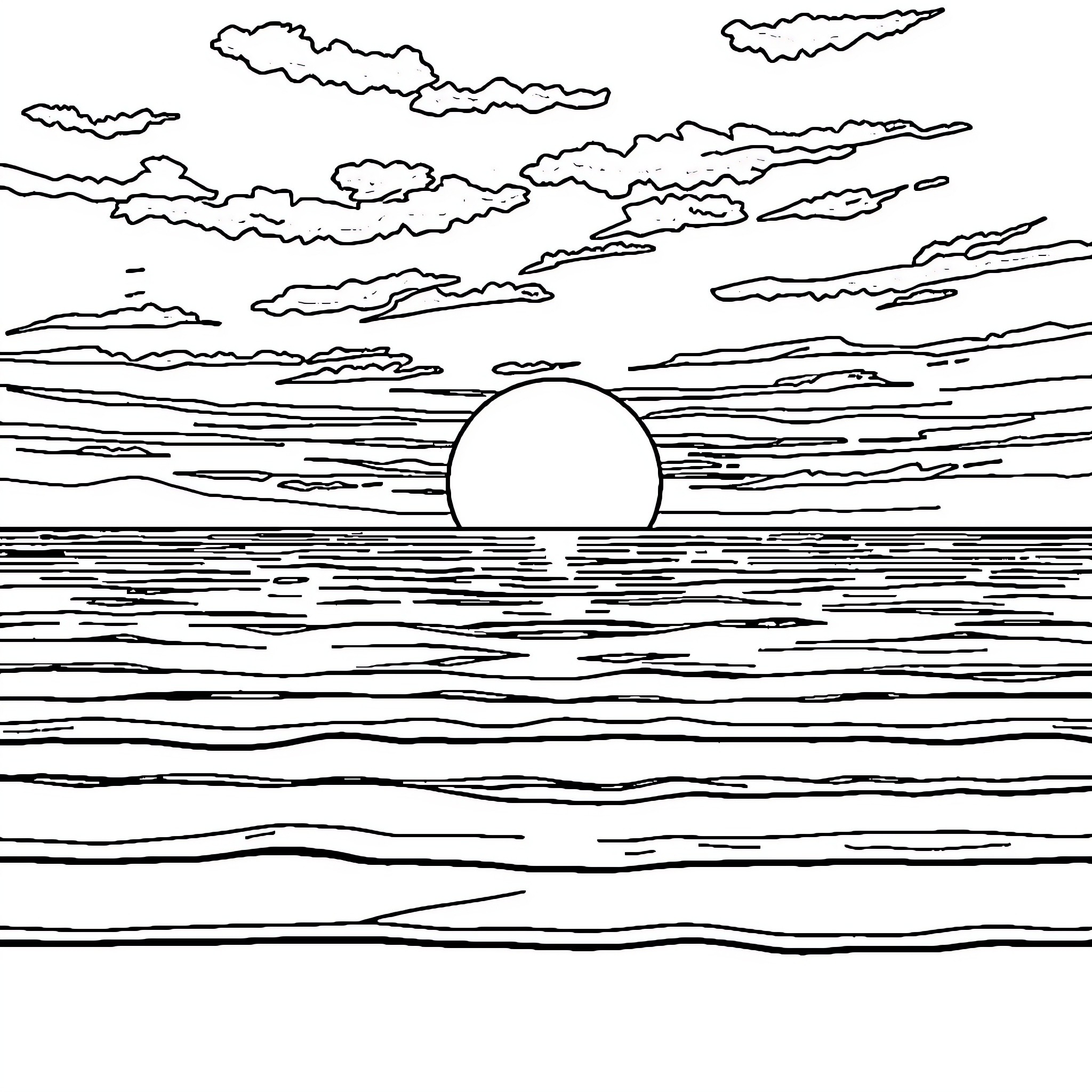 Animal silhouette of sunset over the ocean Coloring Page (free black-and-white line drawing printable PDF for all, from beginners to advanced learners, including children, teens, adults, and seniors)