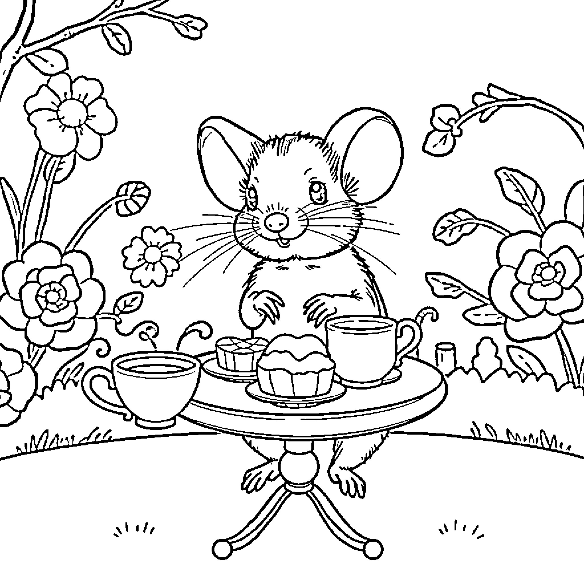 Mouse enjoying tea and treats in a floral setting Coloring Page (free black-and-white line drawing printable PDF for all, from beginners to advanced learners, including children, teens, adults, and seniors)