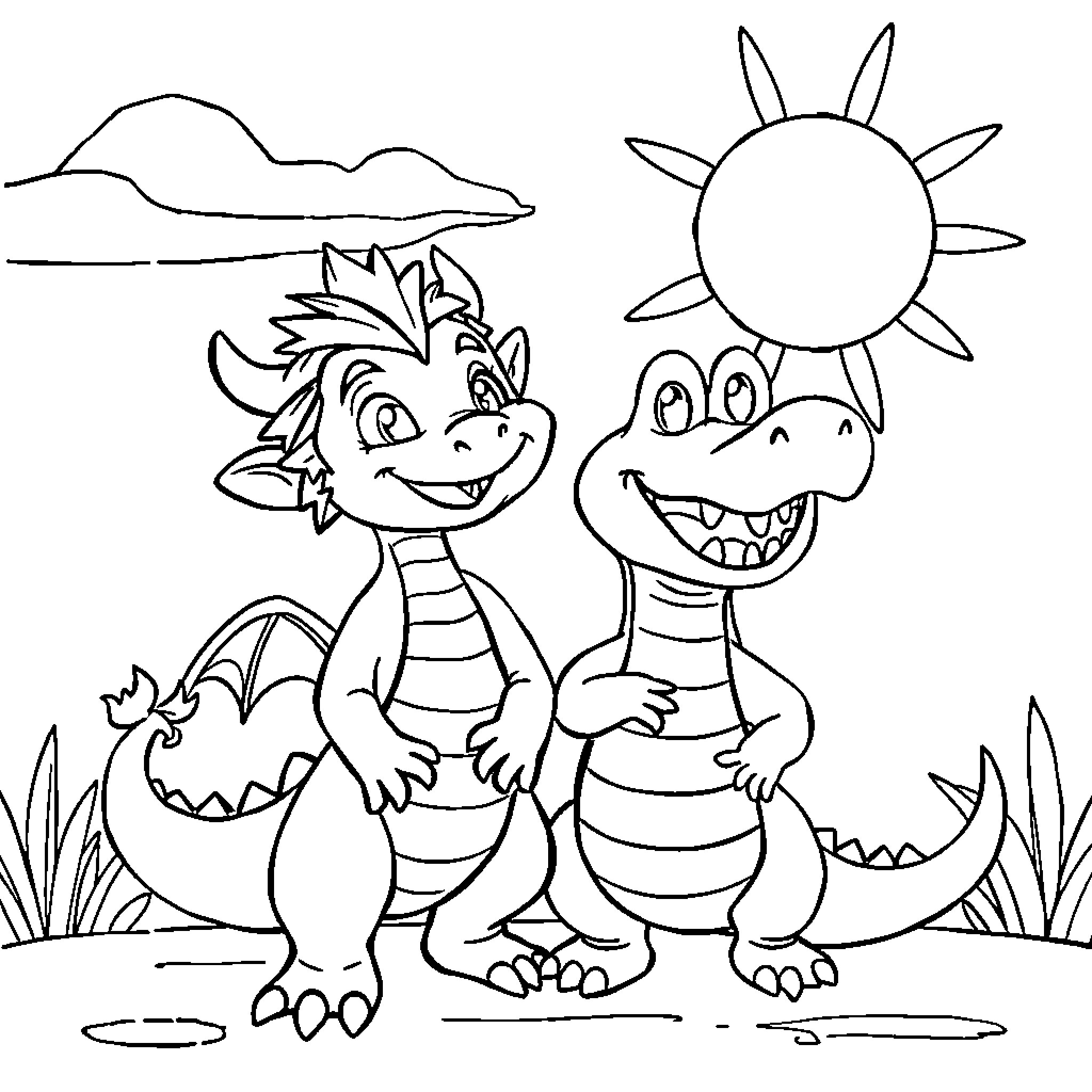 Mushu and his dragon friend in a sunny landscape Coloring Page (free black-and-white line drawing printable PDF for all, from beginners to advanced learners, including children, teens, adults, and seniors)