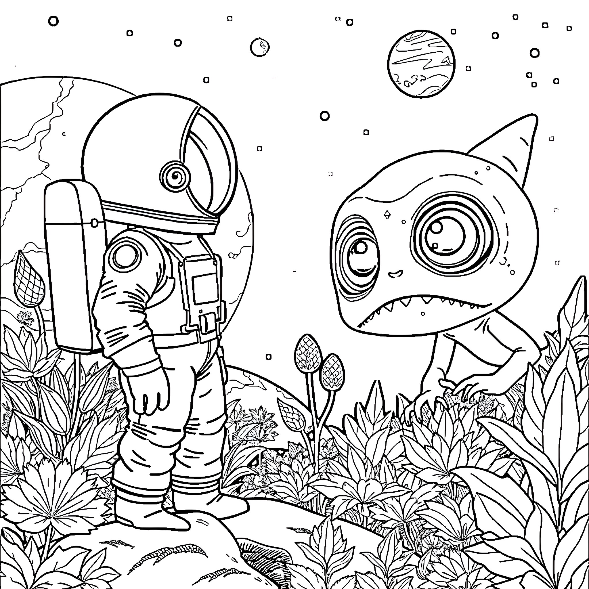Astronaut exploring an alien planet with a curious creature Coloring Page (free black-and-white line drawing printable PDF for all, from beginners to advanced learners, including children, teens, adults, and seniors)