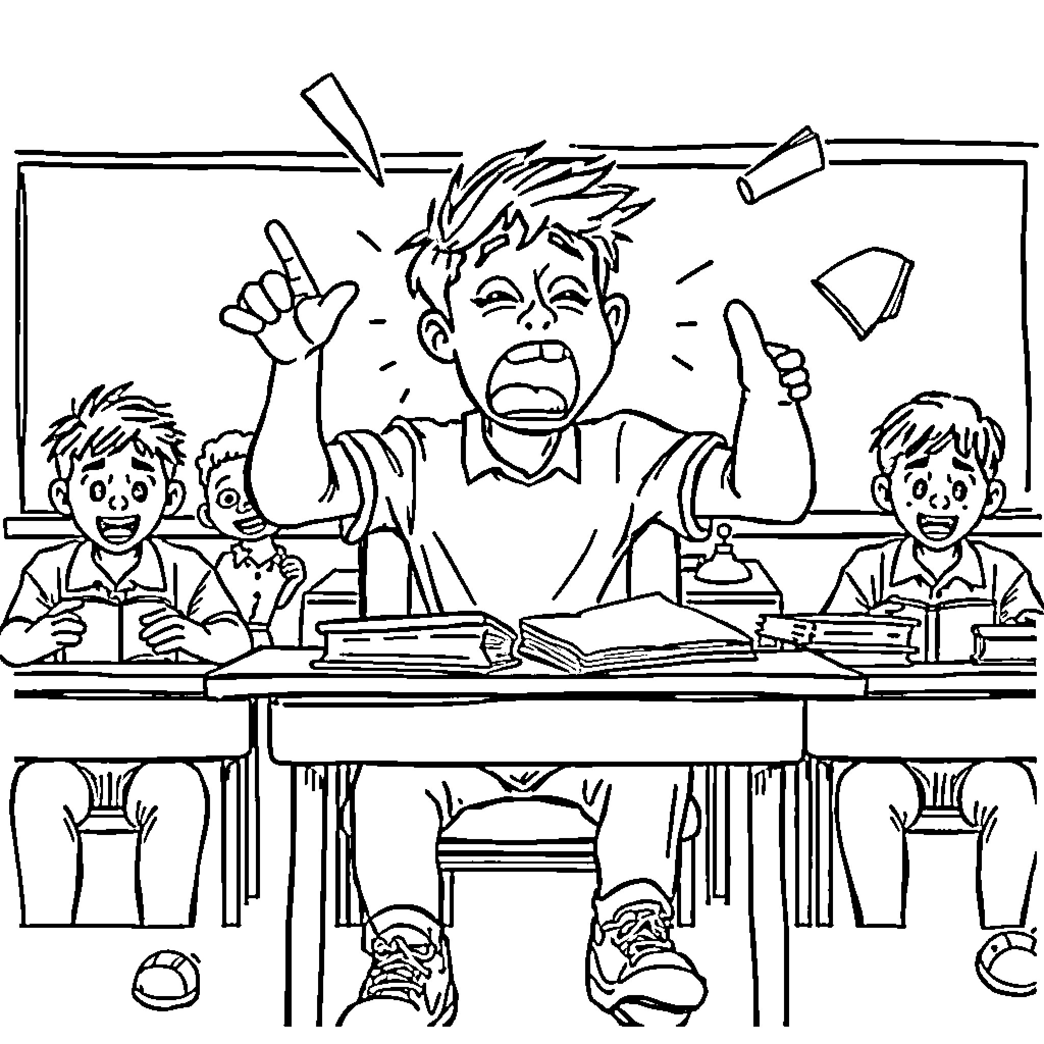 Student's Lively Classroom Antics Coloring Page (free black-and-white line drawing printable PDF for all, from beginners to advanced learners, including children, teens, adults, and seniors)