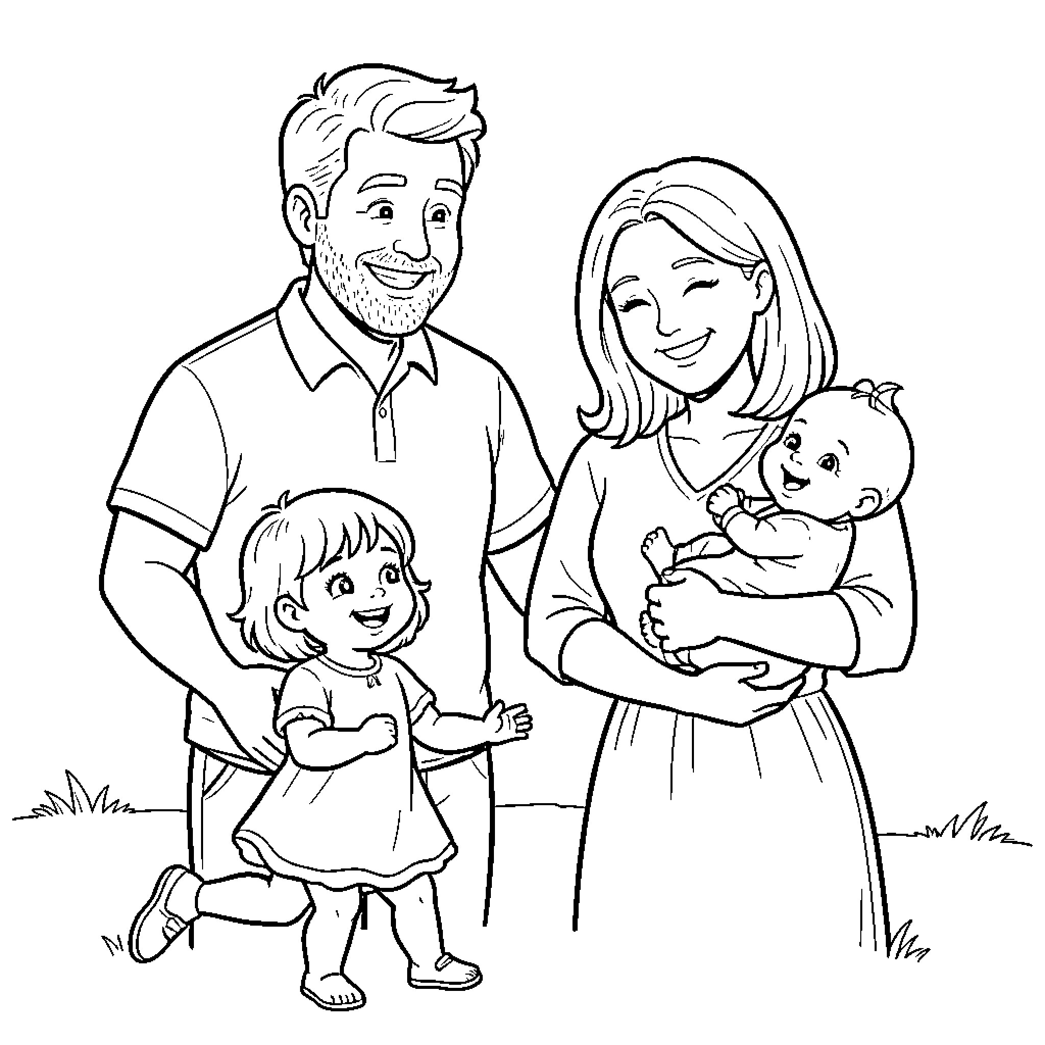 Familia enjoying a moment of joy together Coloring Page (free black-and-white line drawing printable PDF for all, from beginners to advanced learners, including children, teens, adults, and seniors)