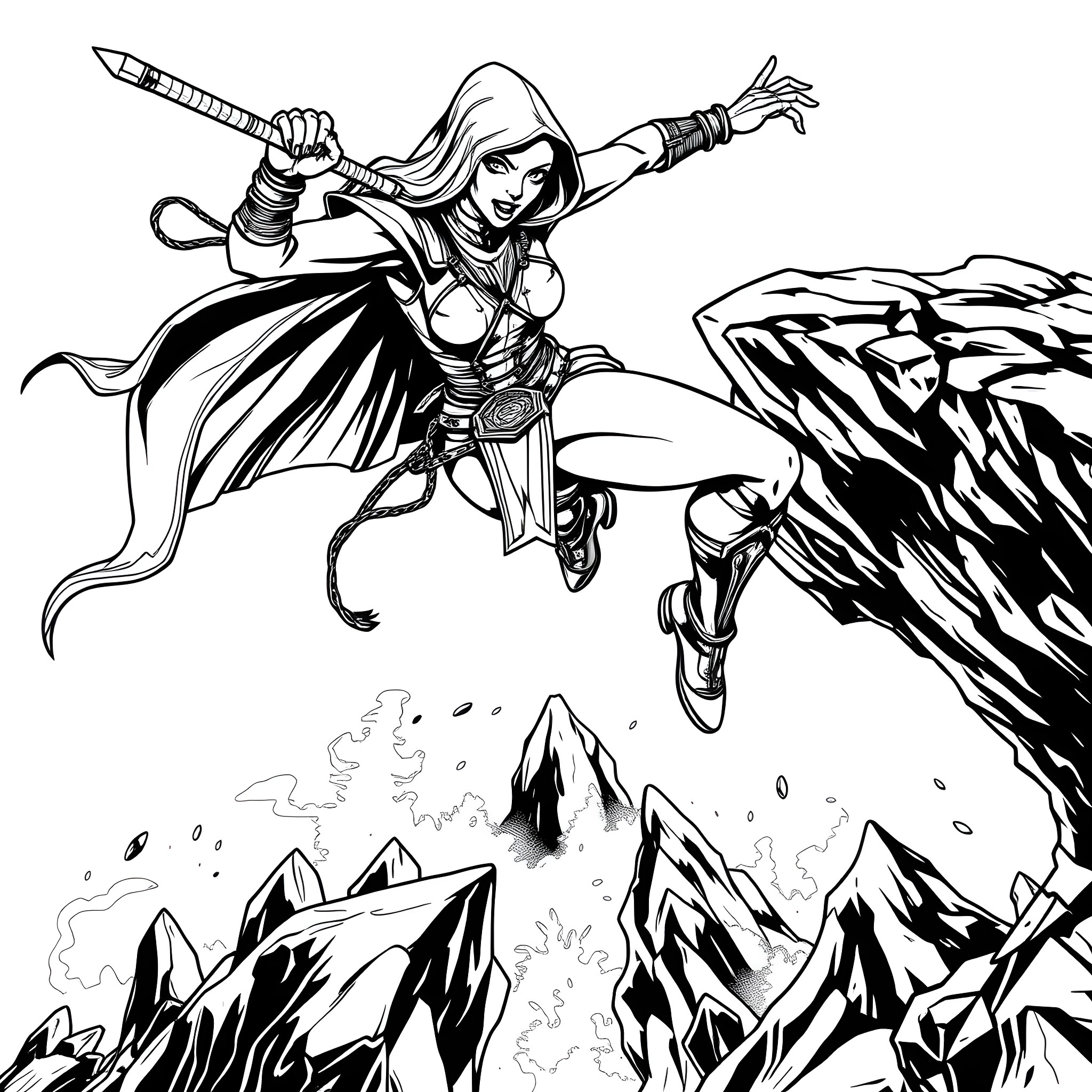 Skarlet's Daring Mountainous Adventure Coloring Page (free black-and-white line drawing printable PDF for all, from beginners to advanced learners, including children, teens, adults, and seniors)