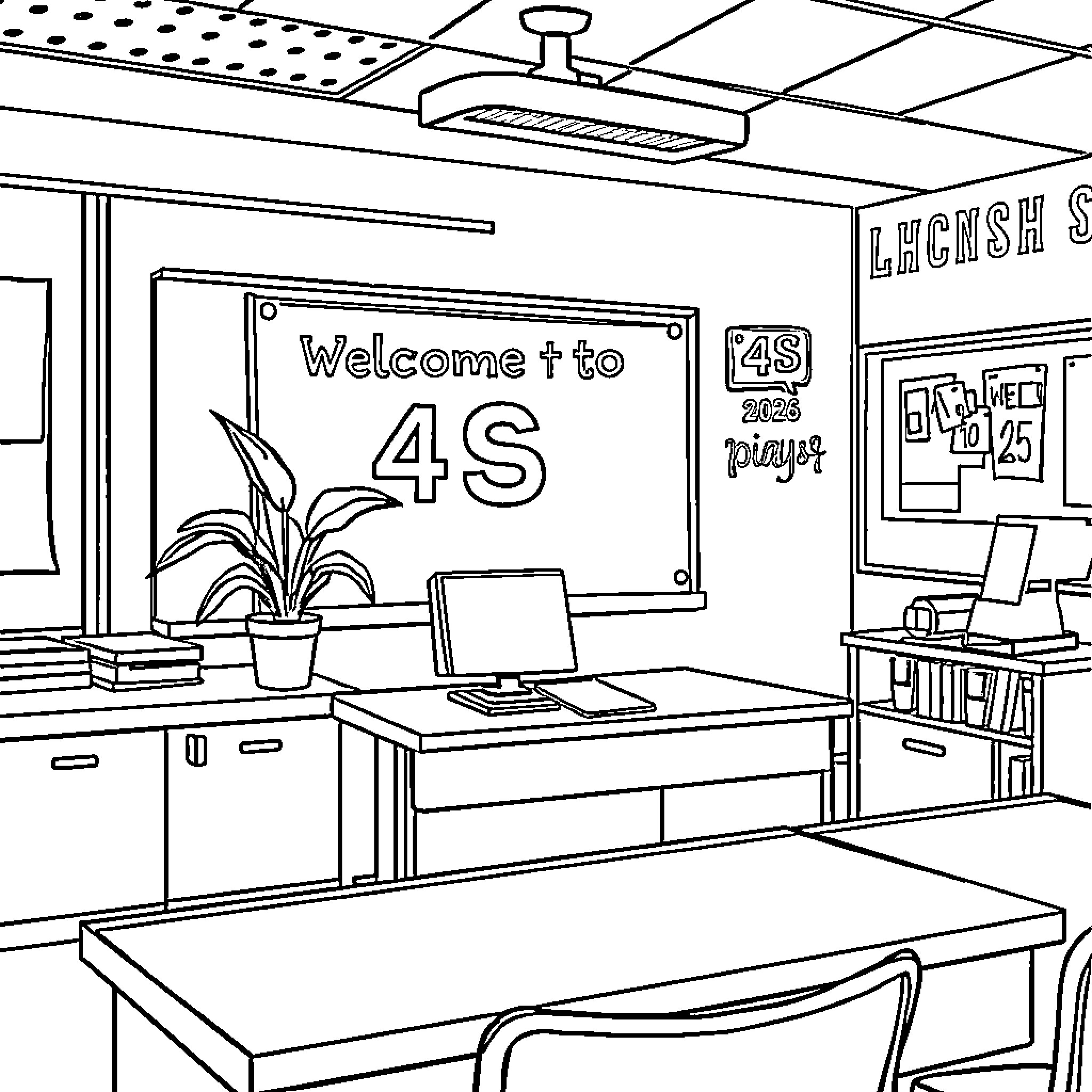 Teacher welcoming students to classroom Coloring Page (free black-and-white line drawing printable PDF for all, from beginners to advanced learners, including children, teens, adults, and seniors)