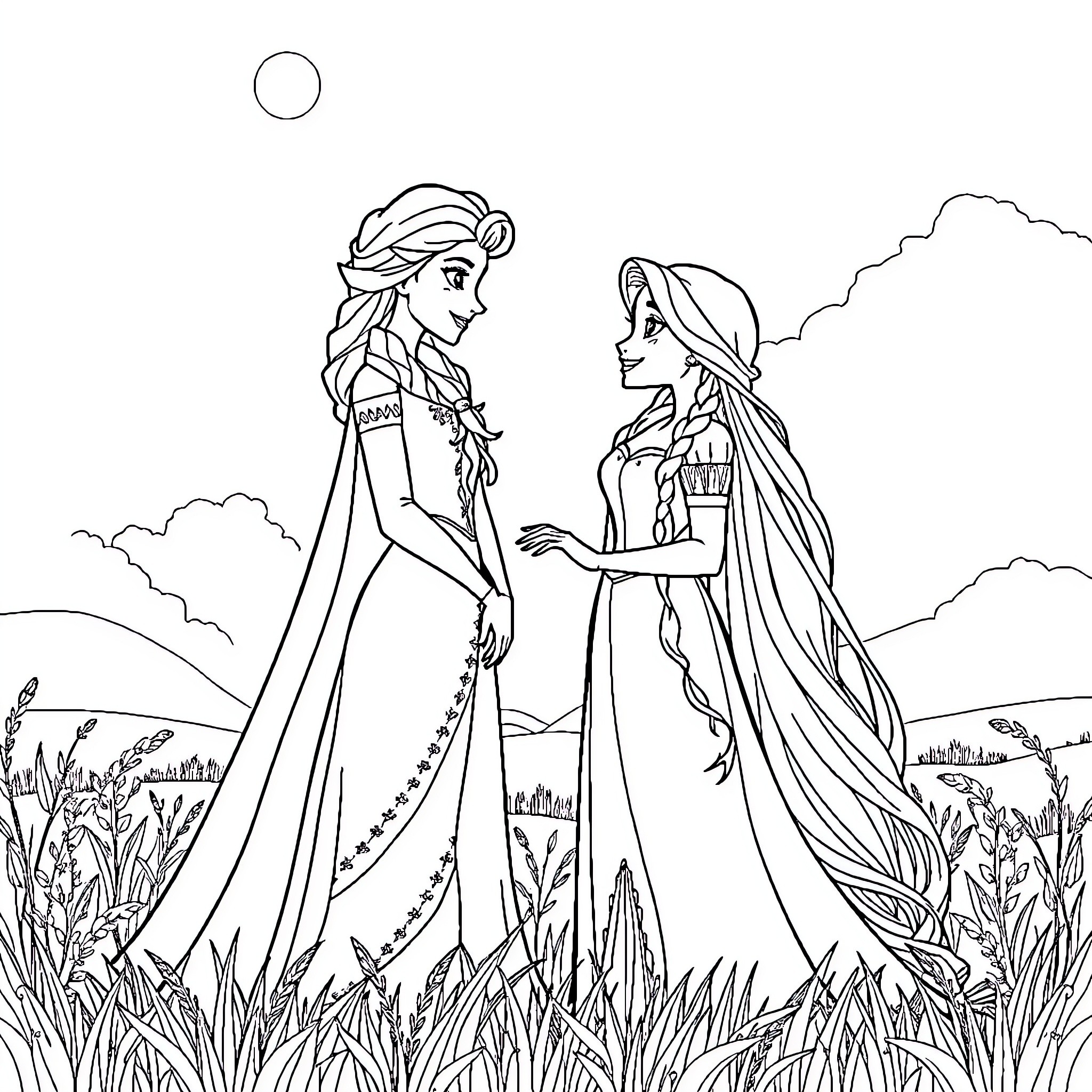 Elsa and Anna in a serene nature scene Coloring Page (free black-and-white line drawing printable PDF for all, from beginners to advanced learners, including children, teens, adults, and seniors)