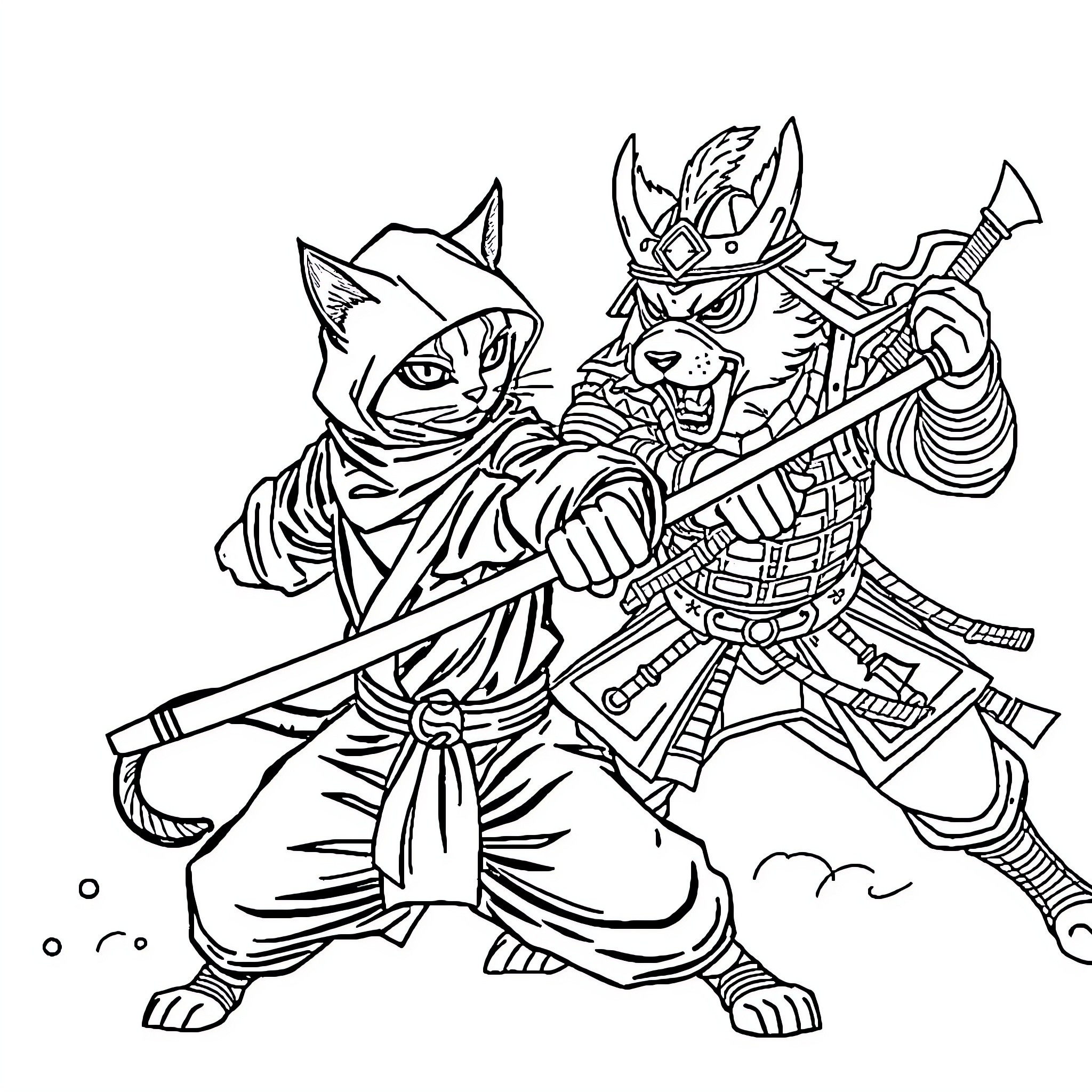 Ninja Cat Warriors in Fierce Battle Coloring Page (free black-and-white line drawing printable PDF for all, from beginners to advanced learners, including children, teens, adults, and seniors)
