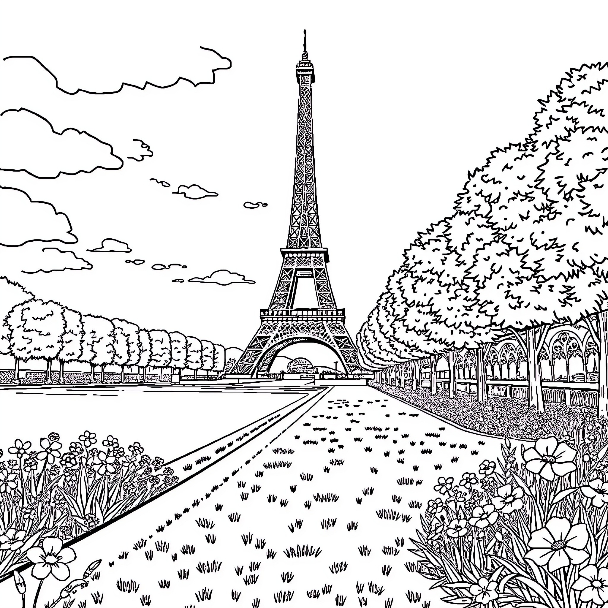 Eiffel Tower framed by blooming flowers and gardens Coloring Page (free black-and-white line drawing printable PDF for all, from beginners to advanced learners, including children, teens, adults, and seniors)