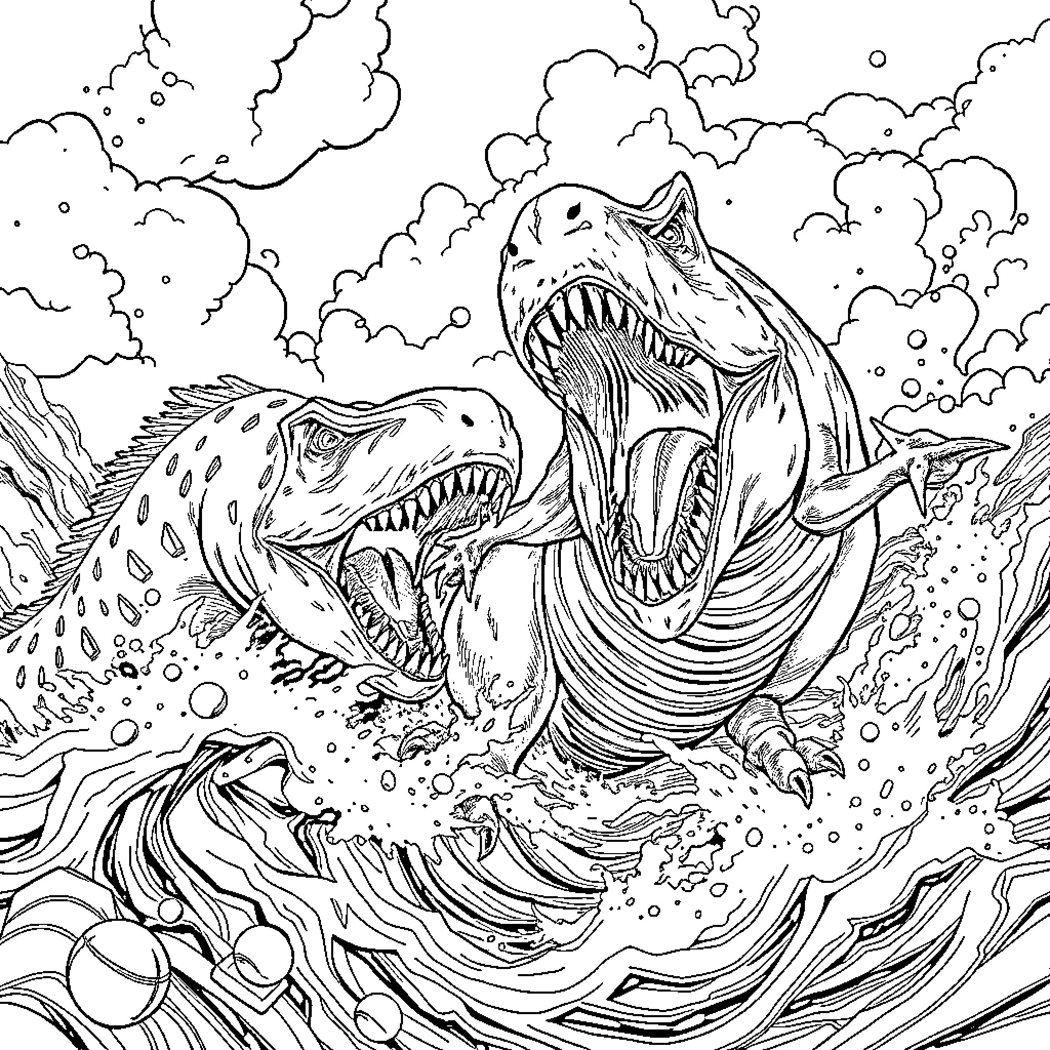 Dinosaurs battling ferociously in turbulent waters Coloring Page (free black-and-white line drawing printable PDF for all, from beginners to advanced learners, including children, teens, adults, and seniors)
