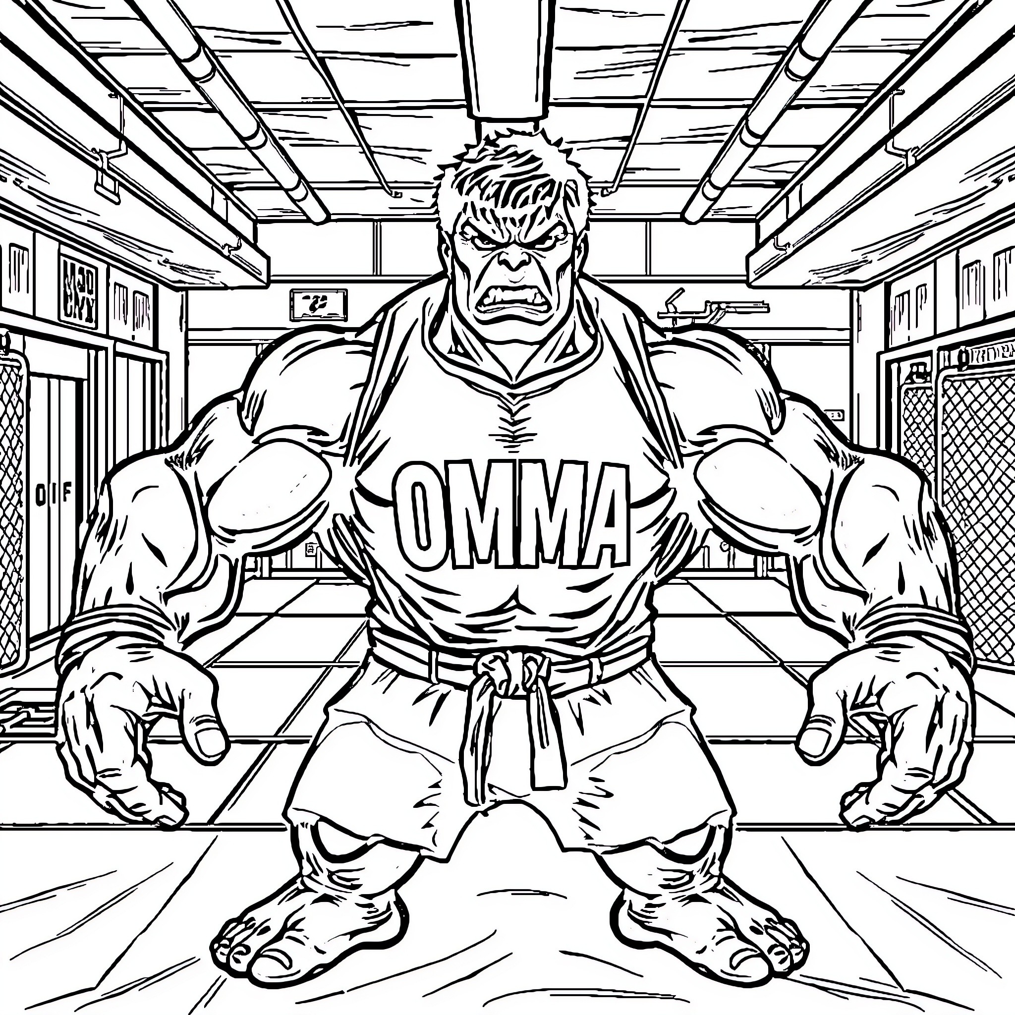 Hulk Powerfully Flexing in Locker Room Coloring Page (free black-and-white line drawing printable PDF for all, from beginners to advanced learners, including children, teens, adults, and seniors)