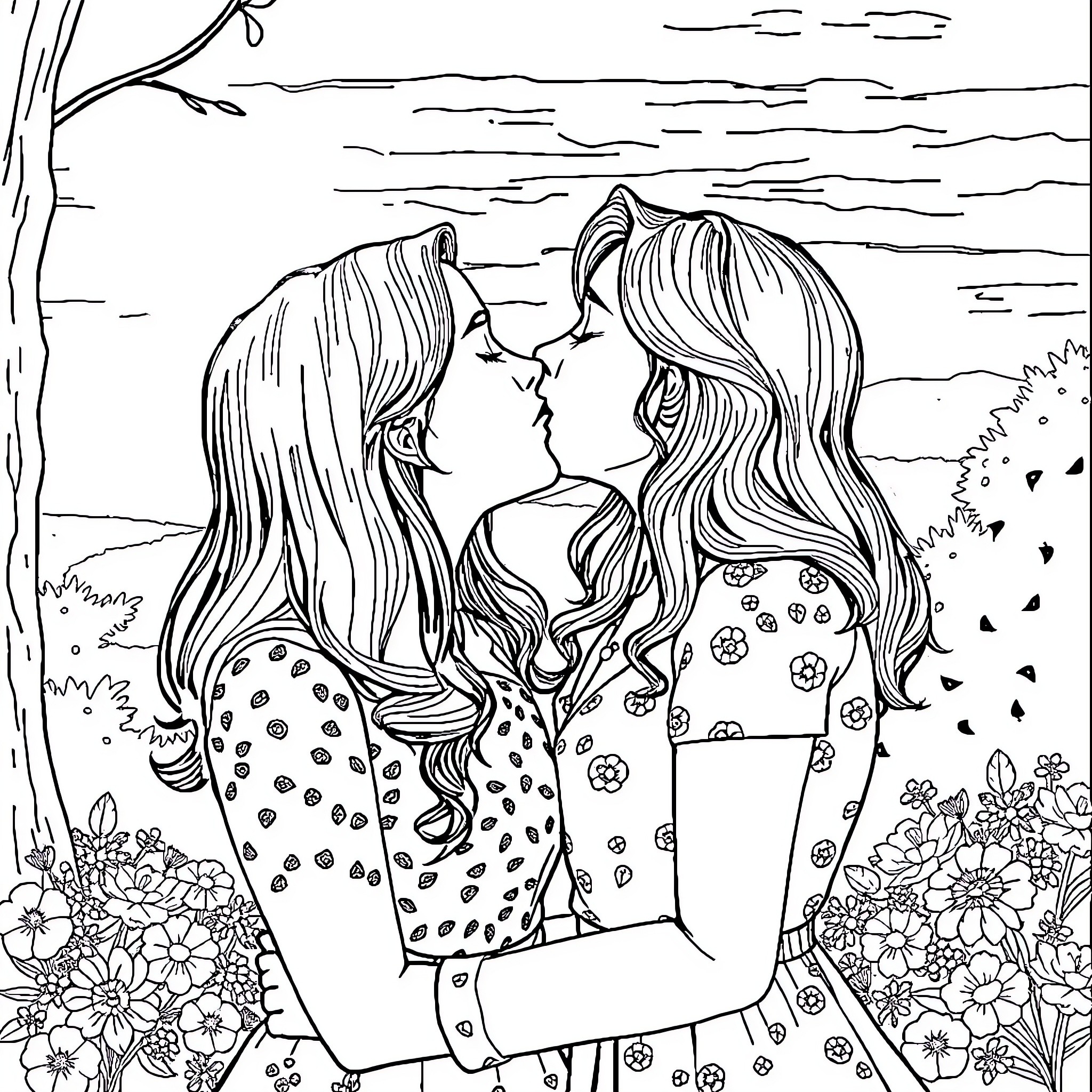 Sasha and Anne sharing a tender moment in the garden Coloring Page (free black-and-white line drawing printable PDF for all, from beginners to advanced learners, including children, teens, adults, and seniors)