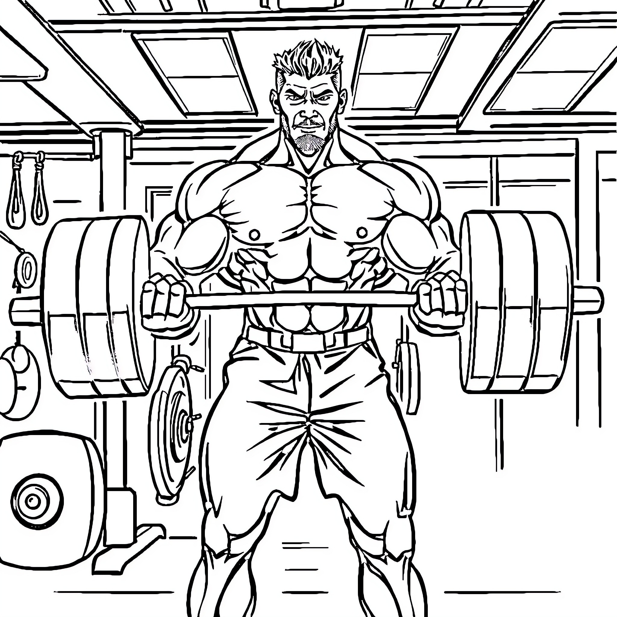 Bodybuilder lifting heavy weights in the gym Coloring Page (free black-and-white line drawing printable PDF for all, from beginners to advanced learners, including children, teens, adults, and seniors)
