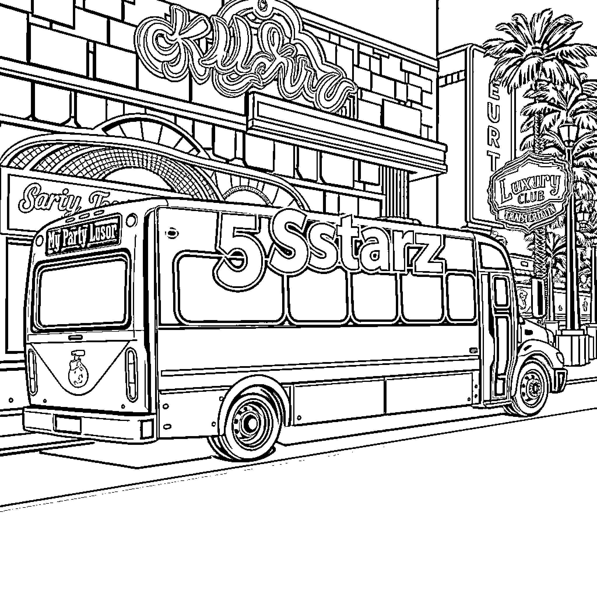 Bus with 5 Starz logo and fancy decorations Coloring Page (free black-and-white line drawing printable PDF for all, from beginners to advanced learners, including children, teens, adults, and seniors)