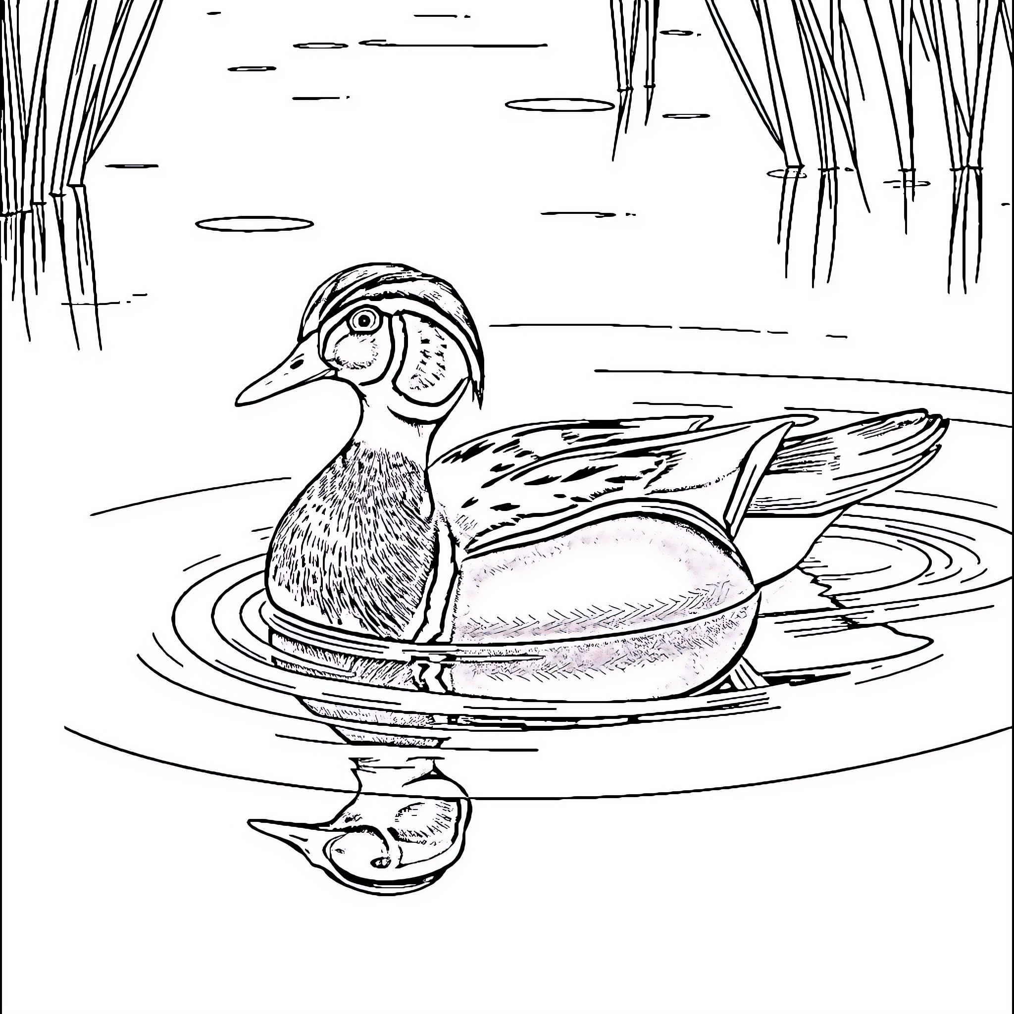 Duck swimming gracefully in the pond Coloring Page (free black-and-white line drawing printable PDF for all, from beginners to advanced learners, including children, teens, adults, and seniors)
