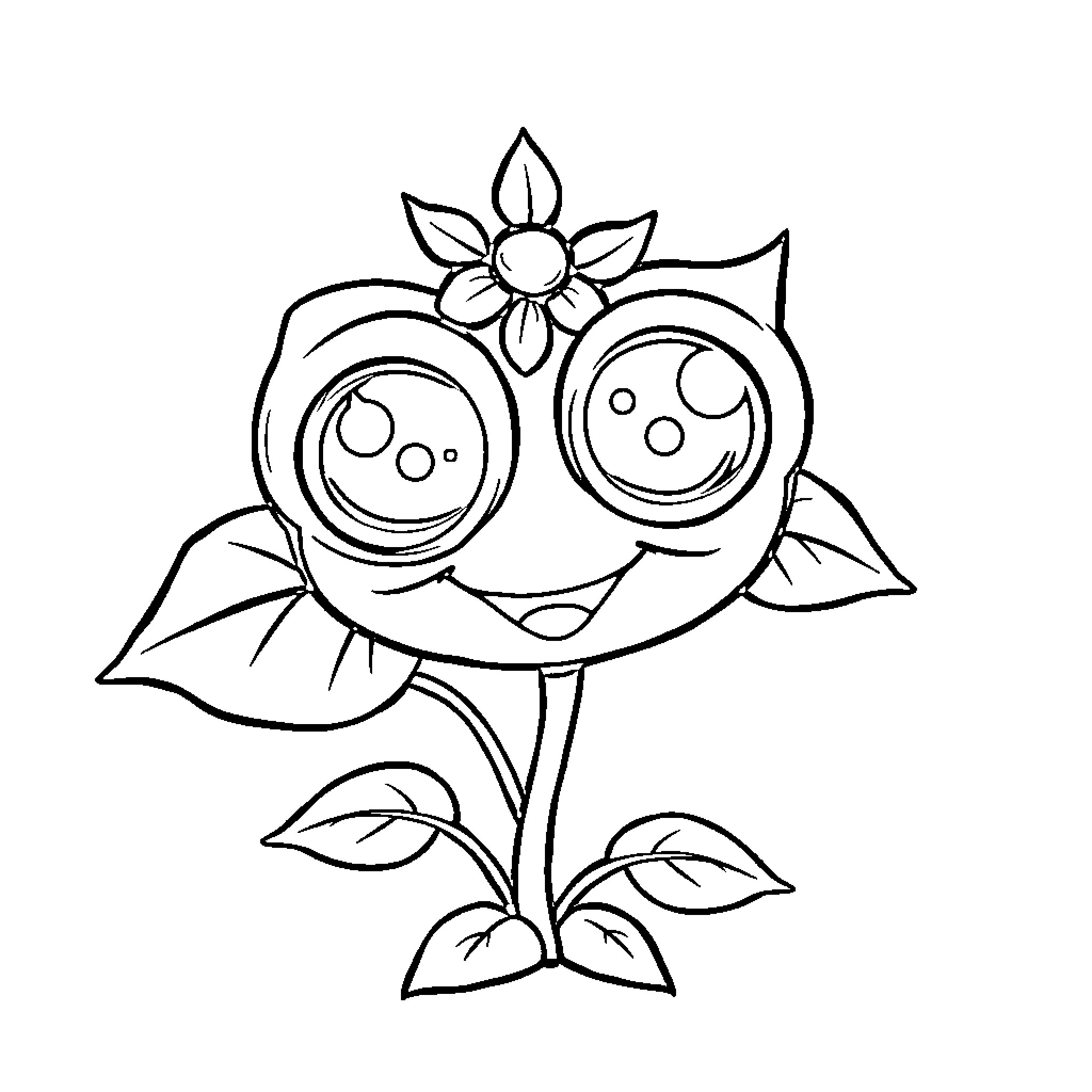 Peashooter with whimsical expression and flower adornment Coloring Page (free black-and-white line drawing printable PDF for all, from beginners to advanced learners, including children, teens, adults, and seniors)