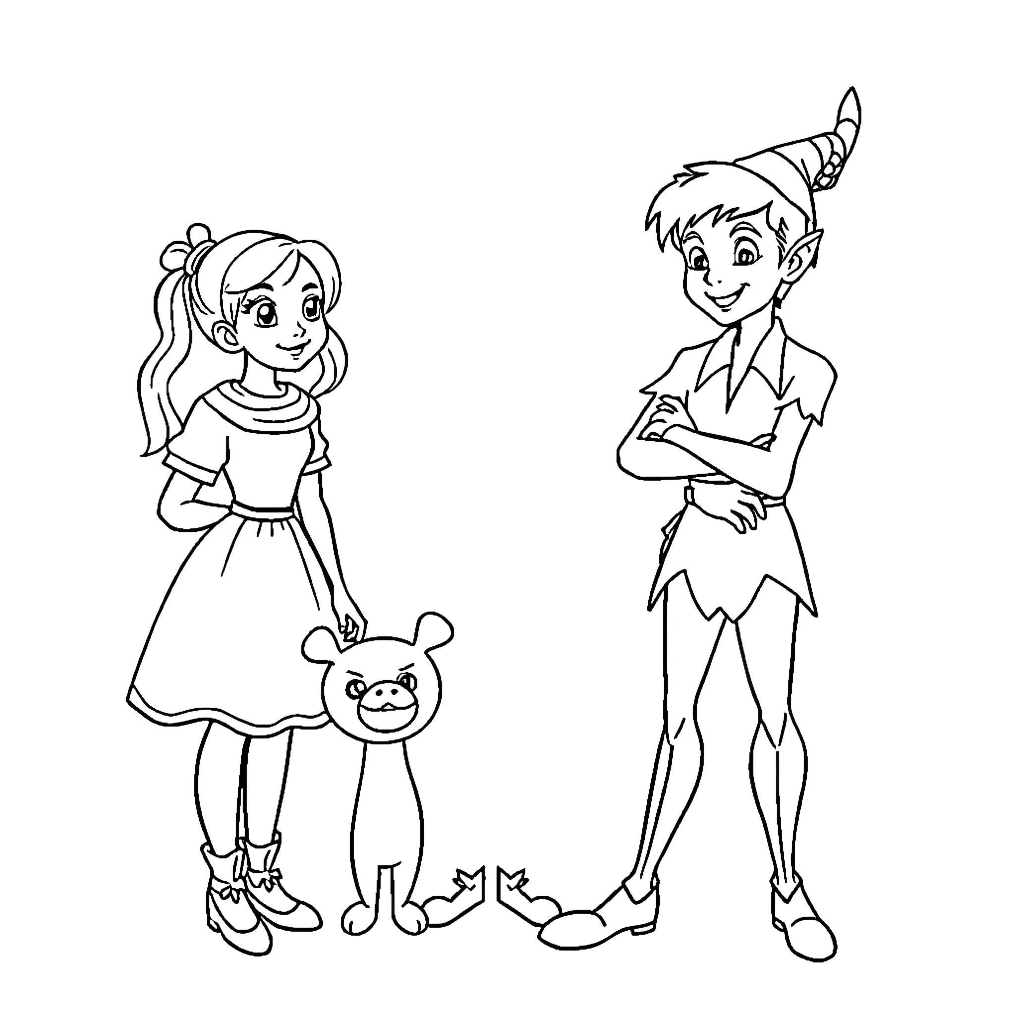 Peter Pan and Wendy's Neverland Adventure Coloring Page (free black-and-white line drawing printable PDF for all, from beginners to advanced learners, including children, teens, adults, and seniors)