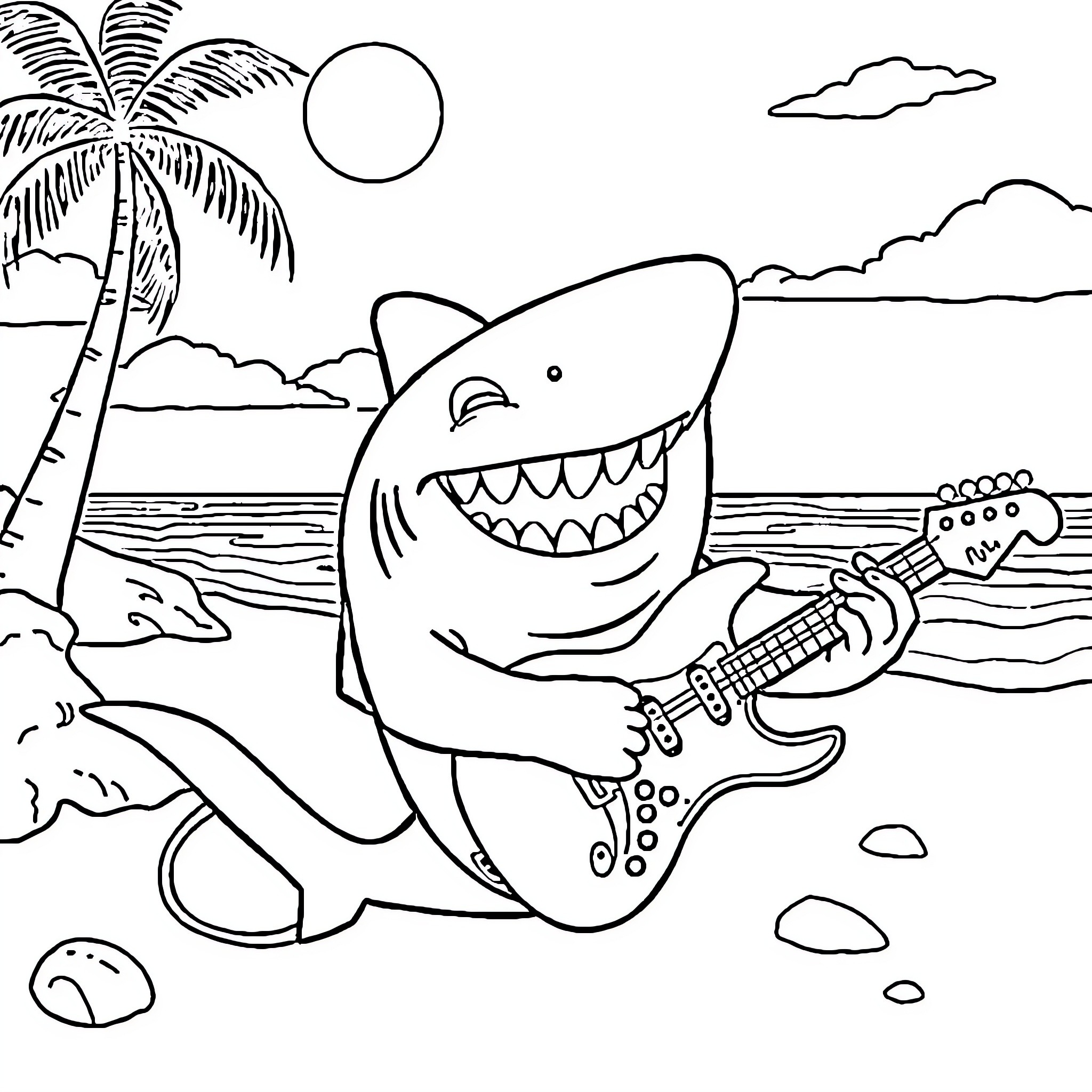 Shark playing guitar on tropical beach Coloring Page (free black-and-white line drawing printable PDF for all, from beginners to advanced learners, including children, teens, adults, and seniors)