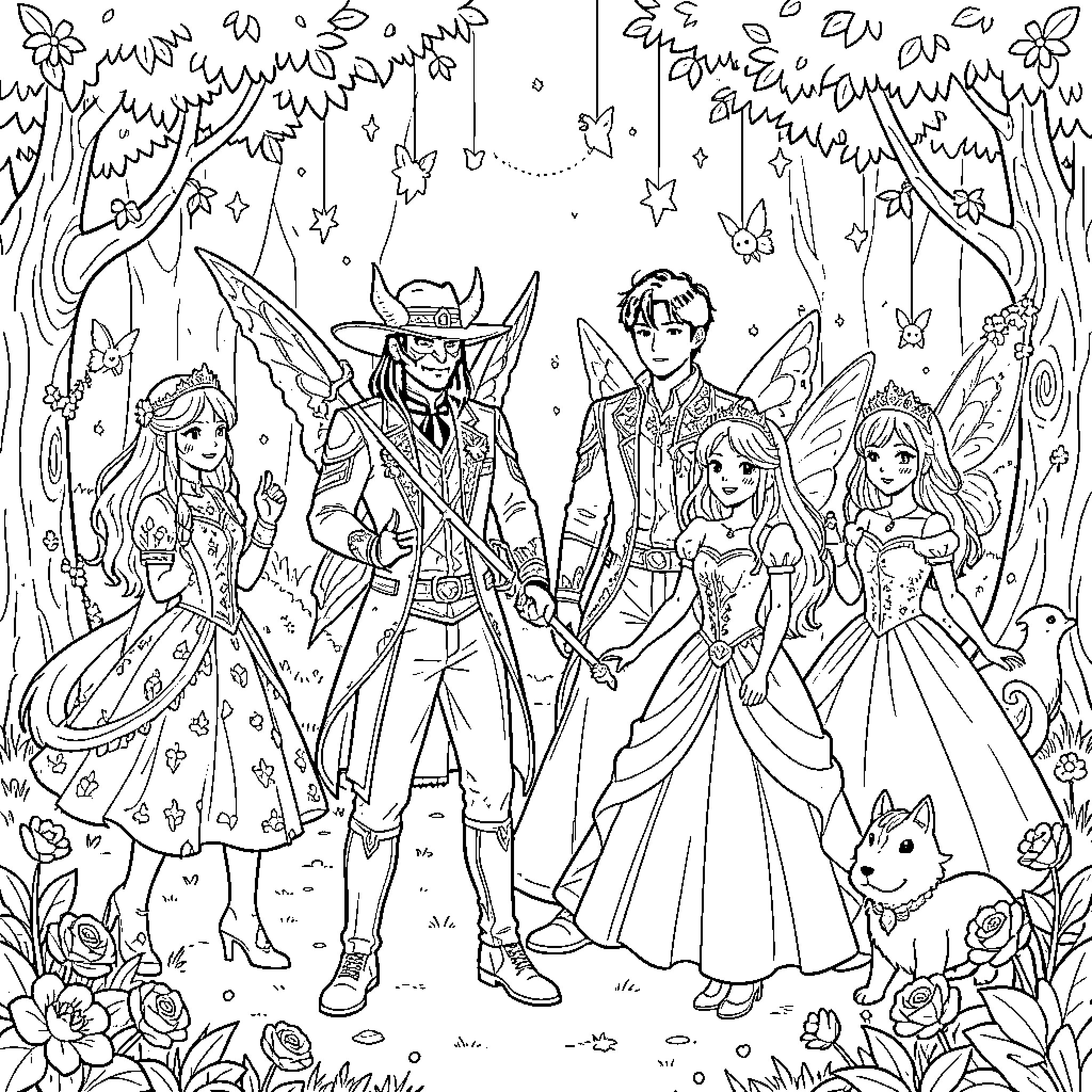 Kpop Demon Hunter group posing in a magical forest Coloring Page (free black-and-white line drawing printable PDF for all, from beginners to advanced learners, including children, teens, adults, and seniors)