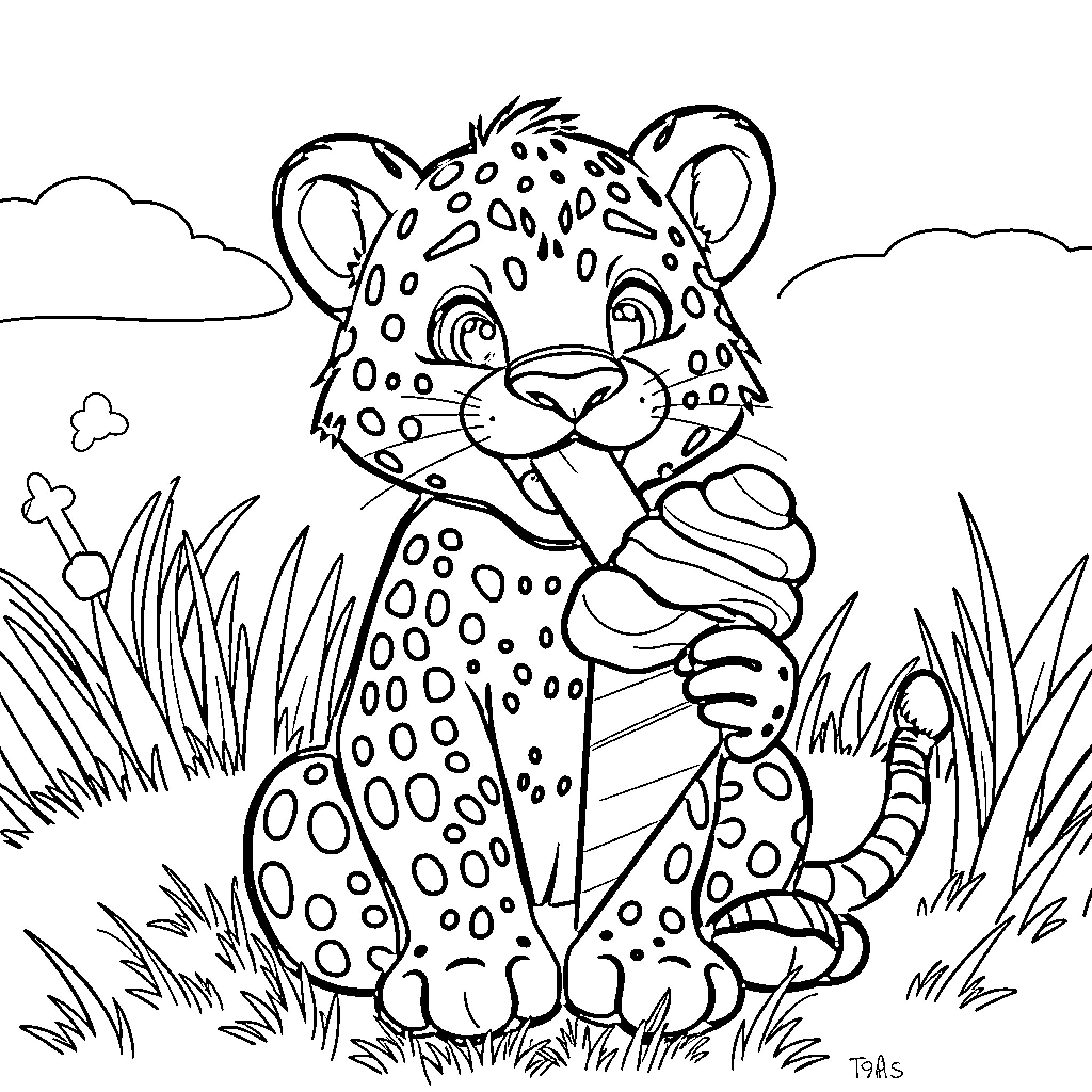 Leopard enjoying a treat in the wild Coloring Page (free black-and-white line drawing printable PDF for all, from beginners to advanced learners, including children, teens, adults, and seniors)