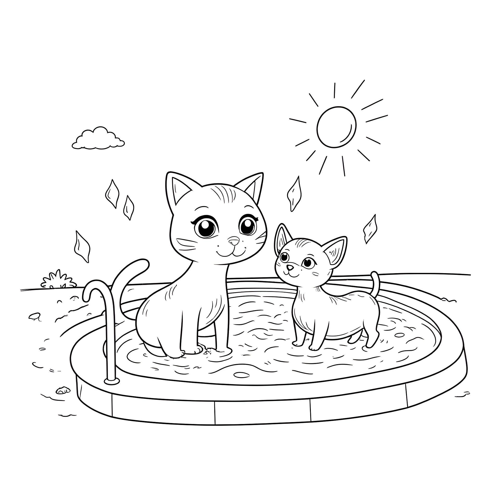 Cats playing in a pool on a sunny day Coloring Page (free black-and-white line drawing printable PDF for all, from beginners to advanced learners, including children, teens, adults, and seniors)