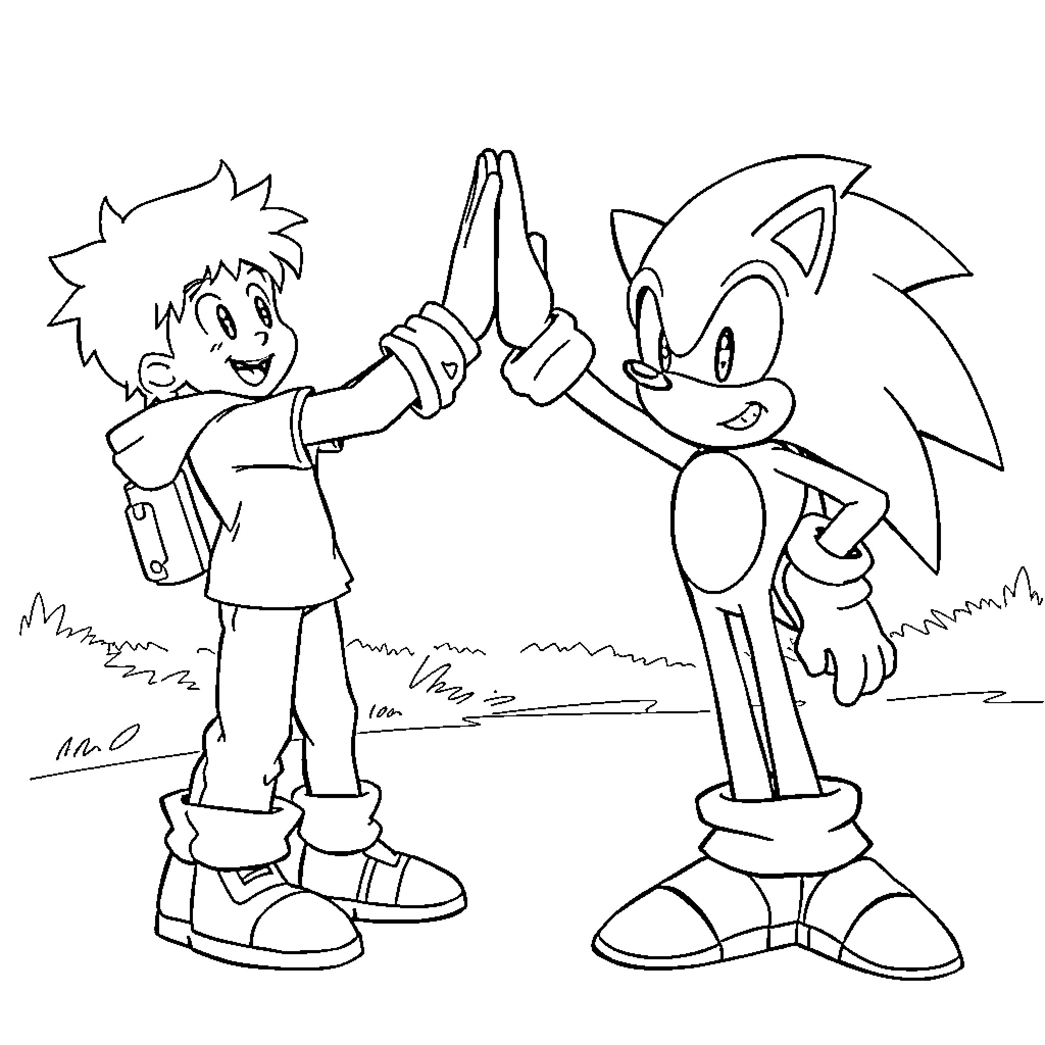 Sonic characters enjoying a lively interaction Coloring Page (free black-and-white line drawing printable PDF for all, from beginners to advanced learners, including children, teens, adults, and seniors)