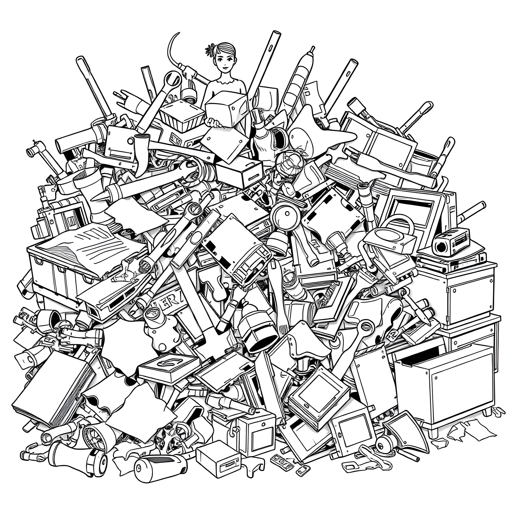 Junk Pile of Discarded Electronics and Objects Coloring Page (free black-and-white line drawing printable PDF for all, from beginners to advanced learners, including children, teens, adults, and seniors)