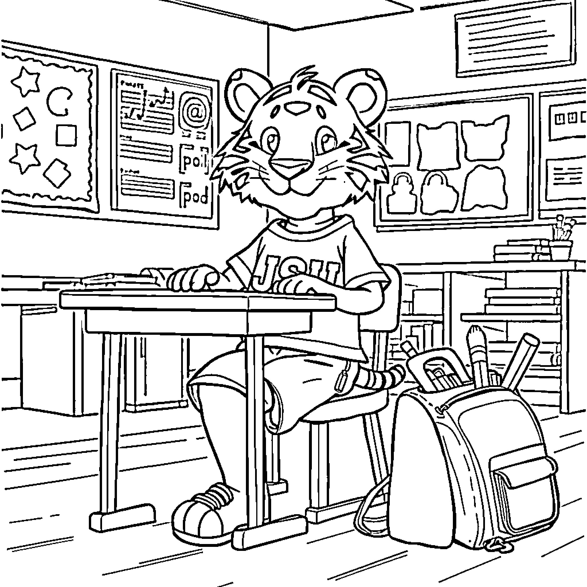 Tiger student studying diligently in the classroom Coloring Page (free black-and-white line drawing printable PDF for all, from beginners to advanced learners, including children, teens, adults, and seniors)