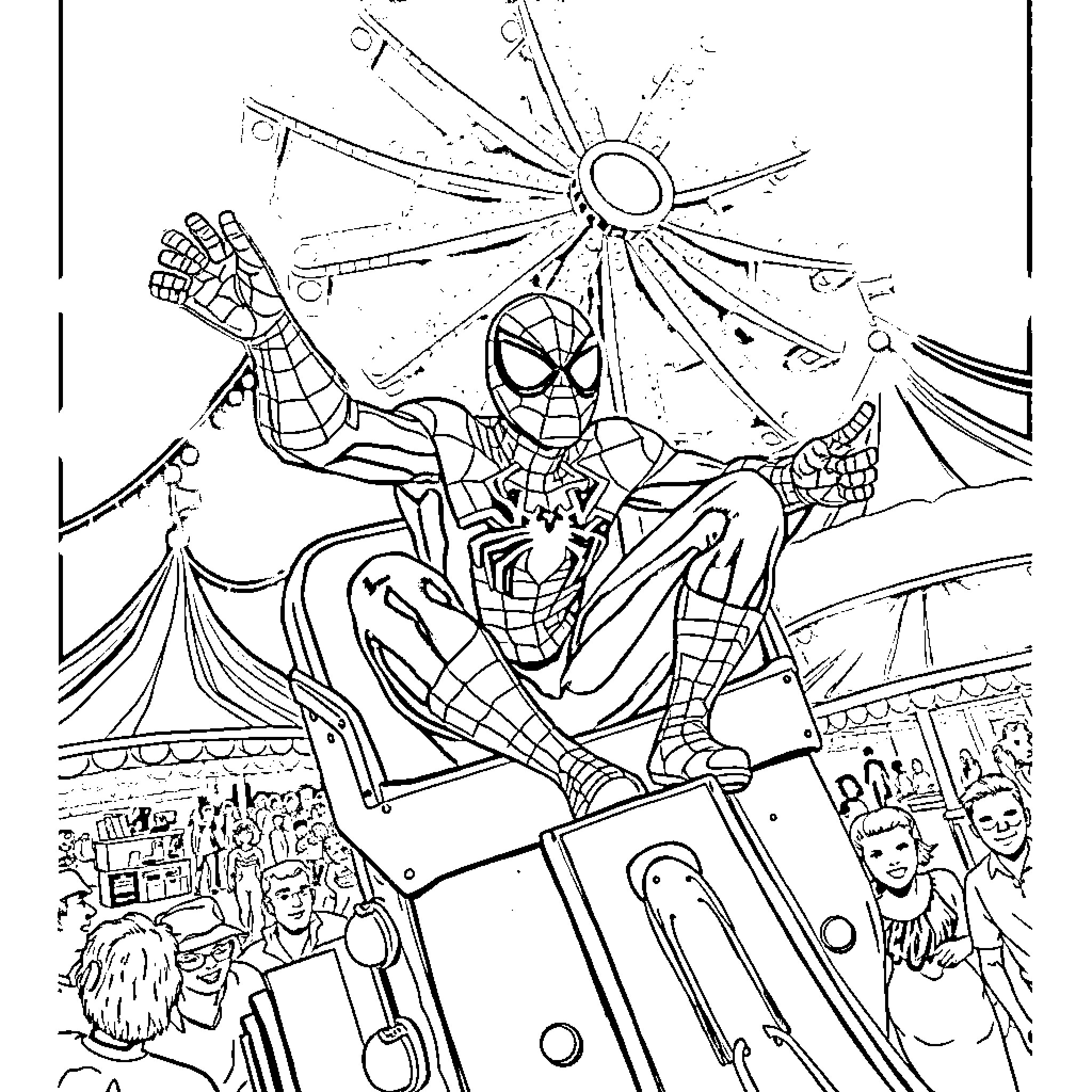 Spiderman in Action at the Carnival Coloring Page (free black-and-white line drawing printable PDF for all, from beginners to advanced learners, including children, teens, adults, and seniors)
