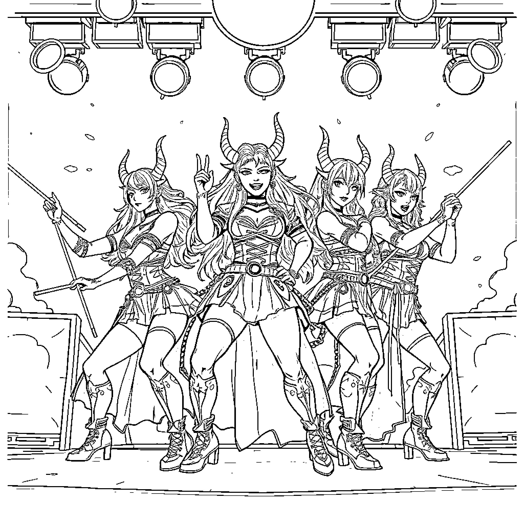 Demon Huntresses Wielding Fierce Weapons Coloring Page (free black-and-white line drawing printable PDF for all, from beginners to advanced learners, including children, teens, adults, and seniors)