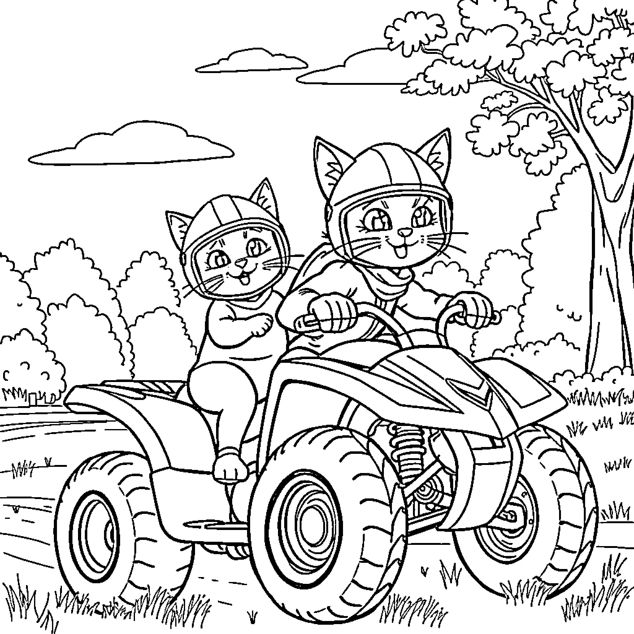 Cats riding an ATV in the countryside Coloring Page (free black-and-white line drawing printable PDF for all, from beginners to advanced learners, including children, teens, adults, and seniors)