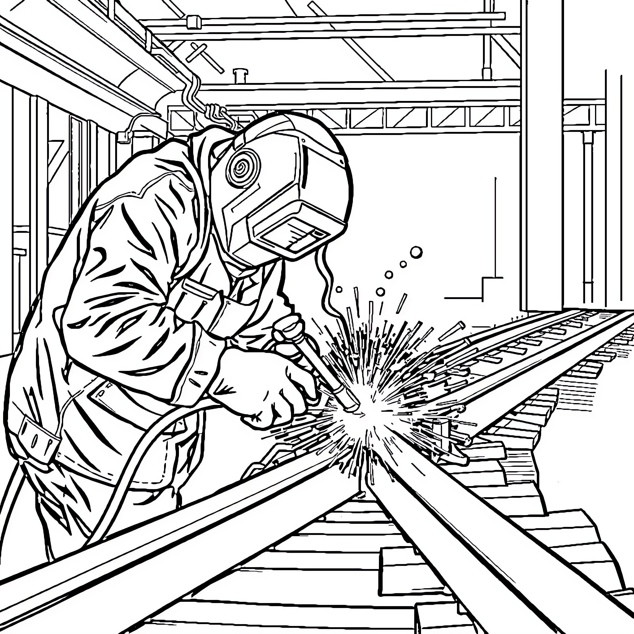 Welder Performing Metalwork in Industrial Setting Coloring Page (free black-and-white line drawing printable PDF for all, from beginners to advanced learners, including children, teens, adults, and seniors)
