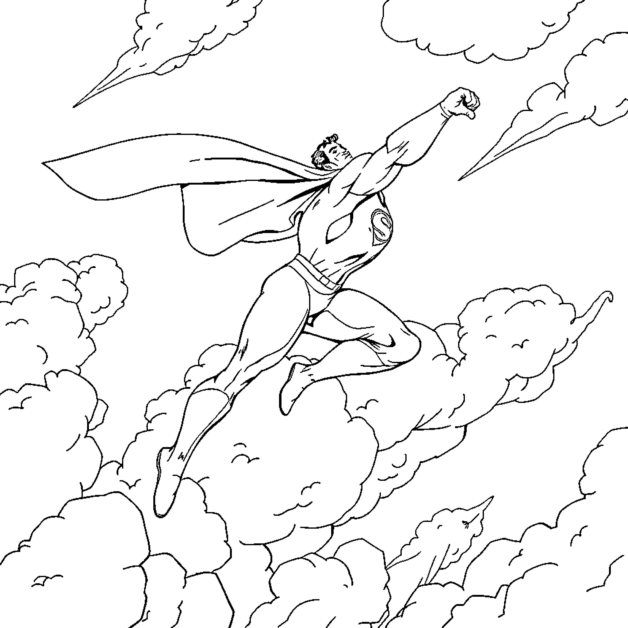 Superman flying through the sky with determination Coloring Page (free black-and-white line drawing printable PDF for all, from beginners to advanced learners, including children, teens, adults, and seniors)