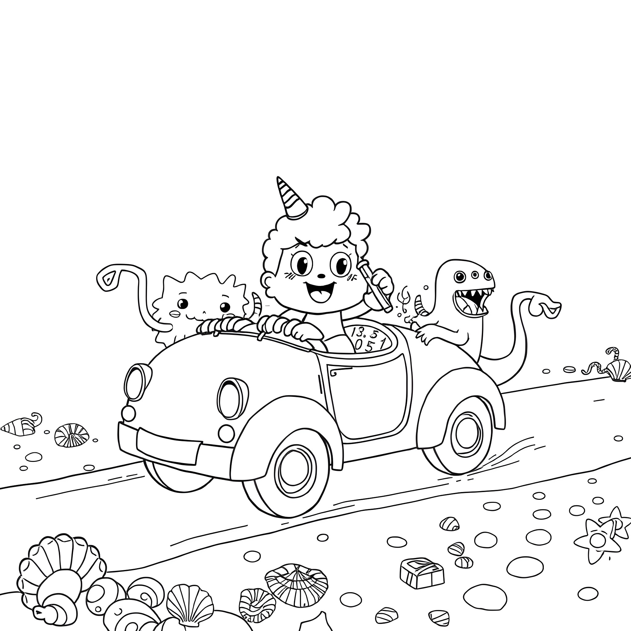 HR Puff n Stuff driving a car with monsters Coloring Page (free black-and-white line drawing printable PDF for all, from beginners to advanced learners, including children, teens, adults, and seniors)