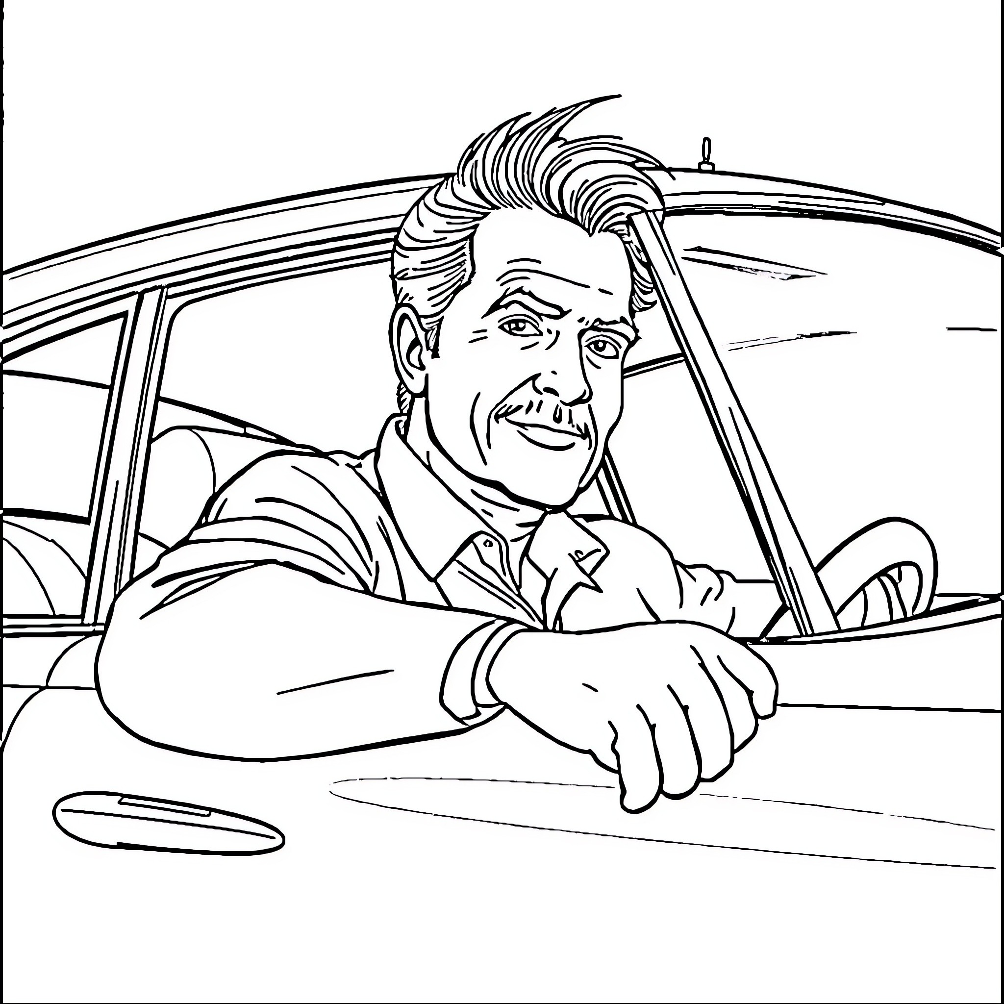 Papa driving a car with a happy expression Coloring Page (free black-and-white line drawing printable PDF for all, from beginners to advanced learners, including children, teens, adults, and seniors)