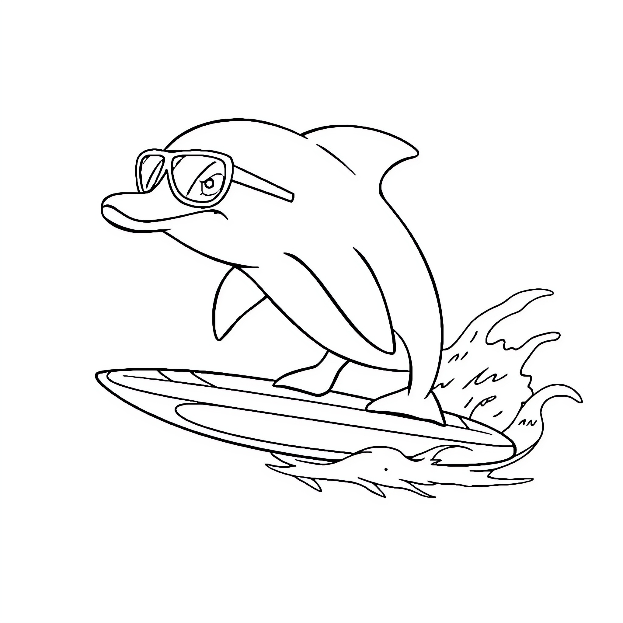 Dolphin surfing in sunglasses Coloring Page (free black-and-white line drawing printable PDF for all, from beginners to advanced learners, including children, teens, adults, and seniors)