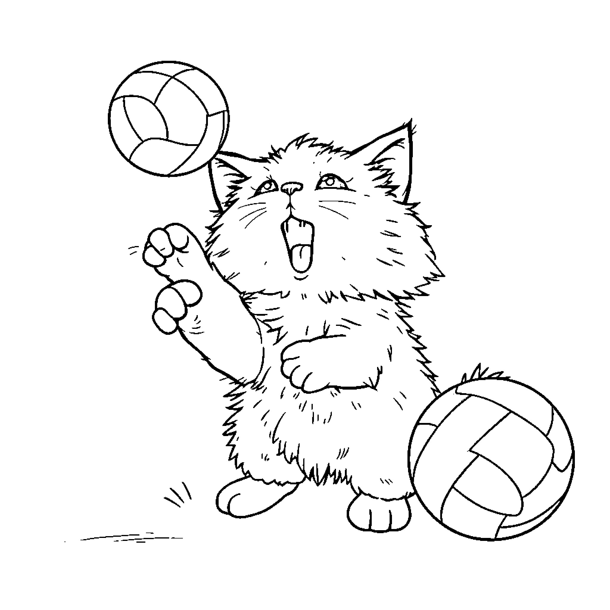 Cat playing with toys in excitement Coloring Page (free black-and-white line drawing printable PDF for all, from beginners to advanced learners, including children, teens, adults, and seniors)