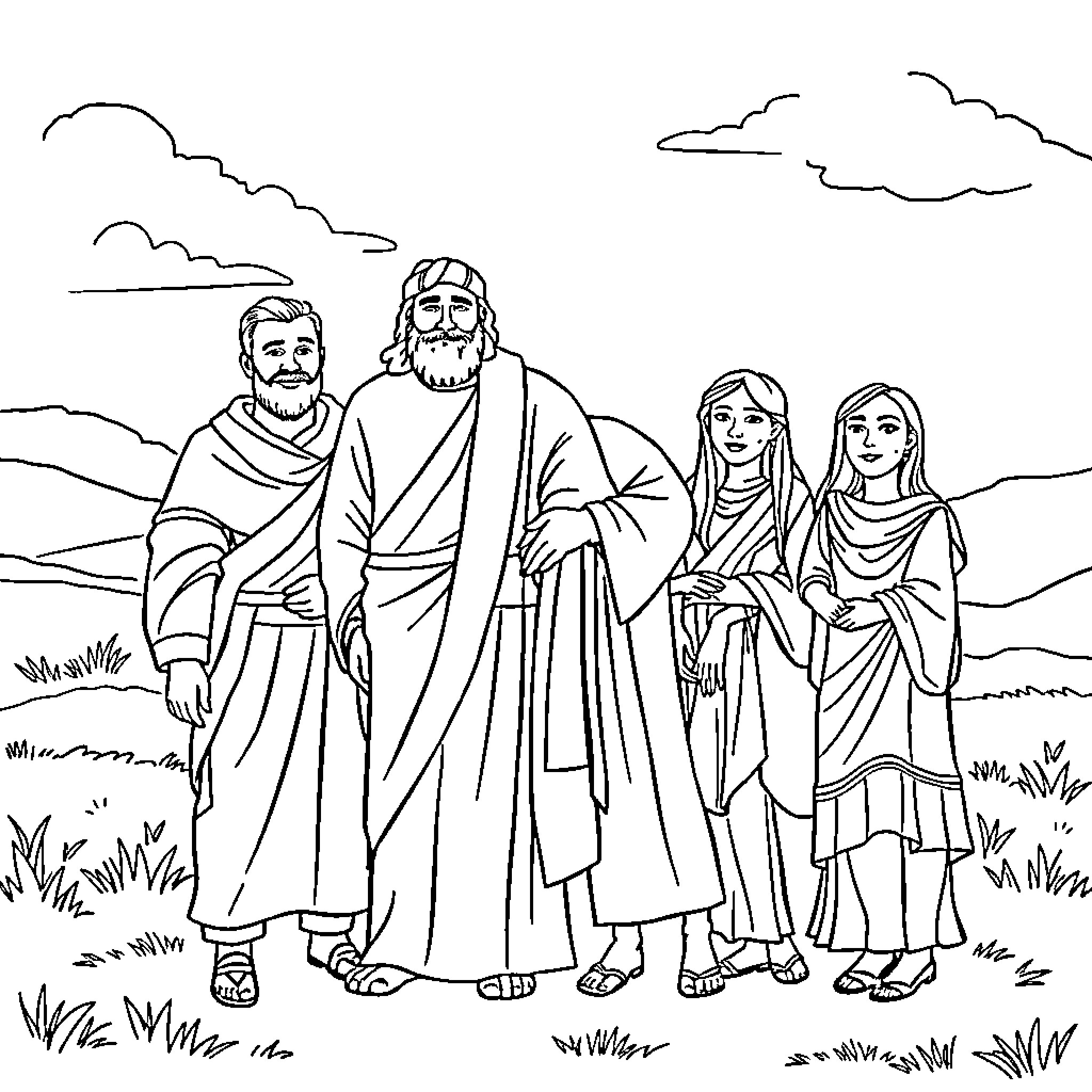 Noah and his family in the countryside Coloring Page (free black-and-white line drawing printable PDF for all, from beginners to advanced learners, including children, teens, adults, and seniors)