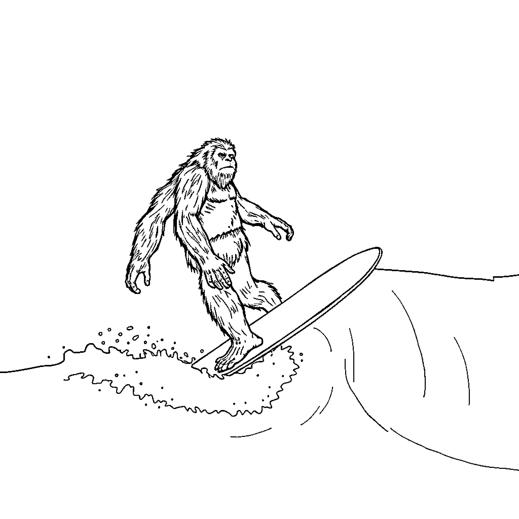 Bigfoot riding a surfboard on the waves Coloring Page (free black-and-white line drawing printable PDF for all, from beginners to advanced learners, including children, teens, adults, and seniors)