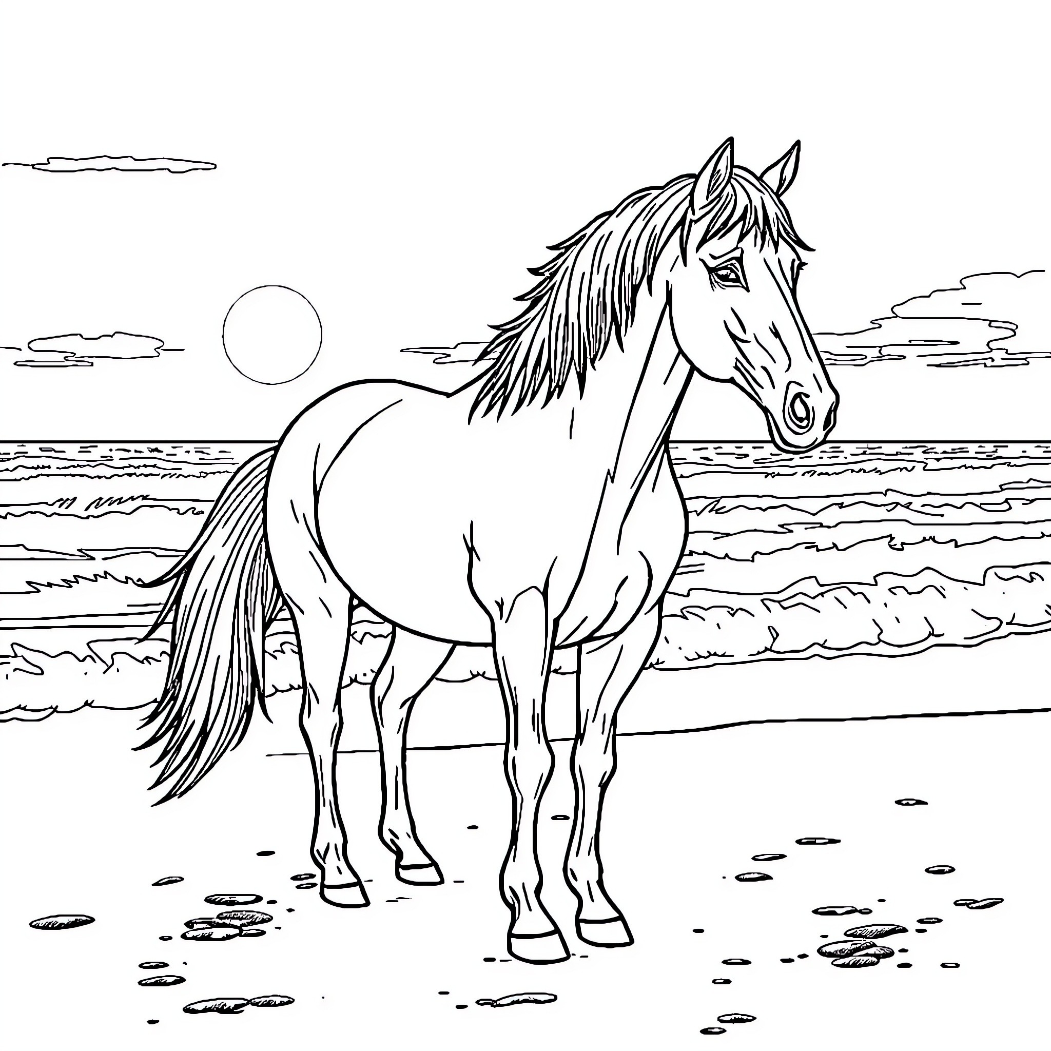 Horse standing at the ocean shore Coloring Page (free black-and-white line drawing printable PDF for all, from beginners to advanced learners, including children, teens, adults, and seniors)