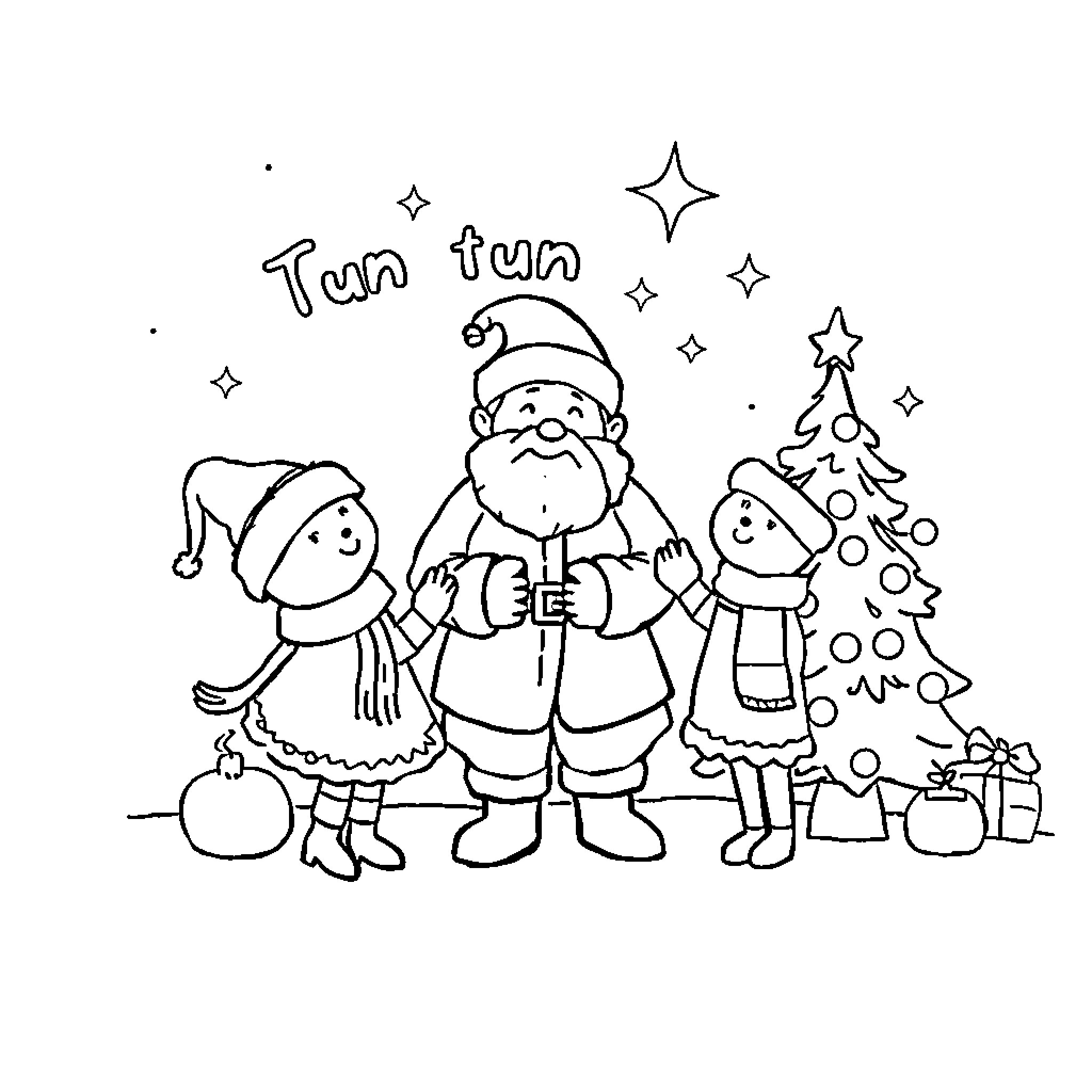 Navidad characters celebrating the holidays together Coloring Page (free black-and-white line drawing printable PDF for all, from beginners to advanced learners, including children, teens, adults, and seniors)