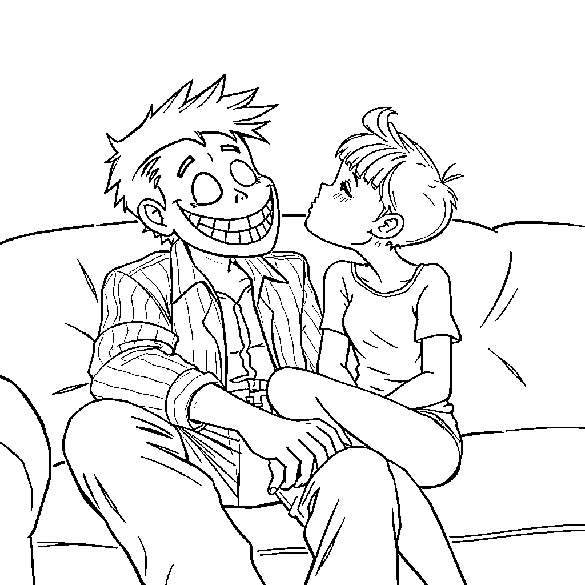 Jeff The Killer's Cheerful Moment with Friend Coloring Page (free black-and-white line drawing printable PDF for all, from beginners to advanced learners, including children, teens, adults, and seniors)